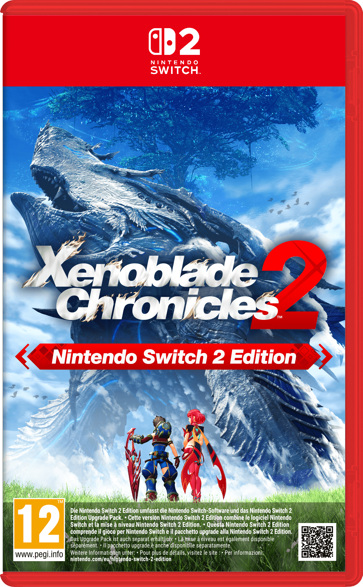 Xenoblade Chronicles 2 Cover mit Drachen, Charakteren und Nintendo Switch Logo.