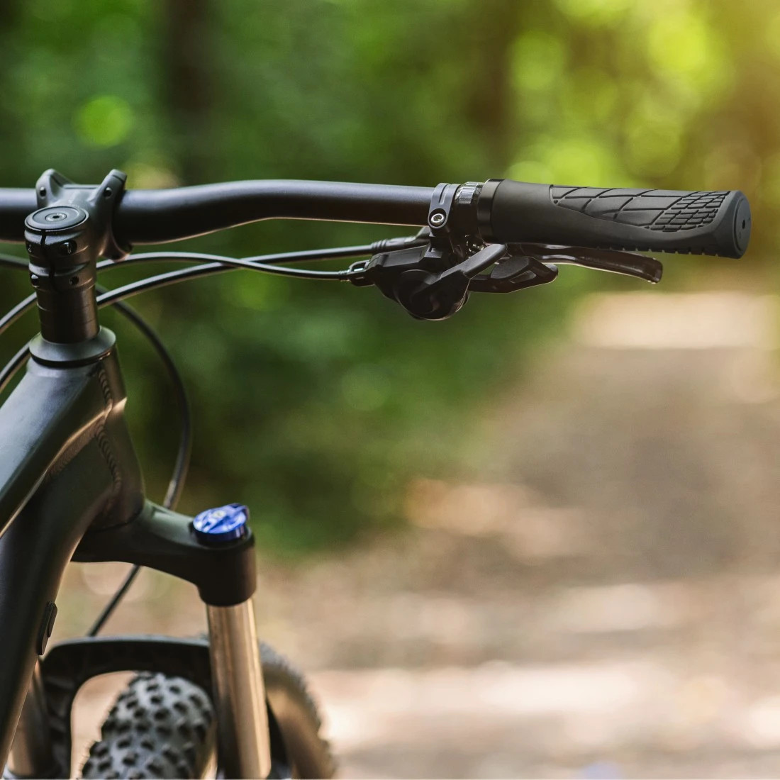 Zbliżenie kierownicy roweru górskiego z rozmytą ścieżką leśną w tle.