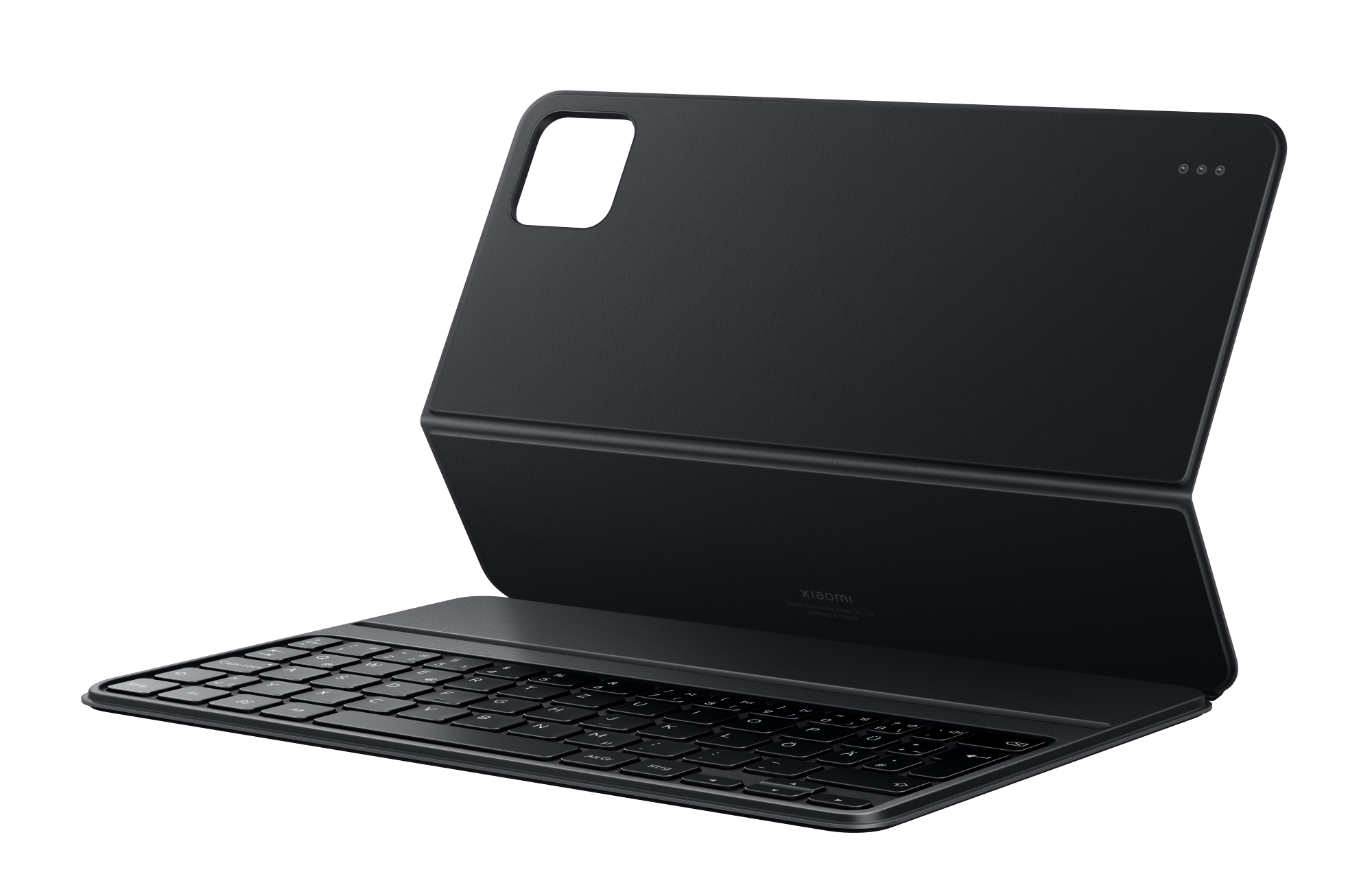 Ein schwarzes Tablet mit Tastaturabdeckung, auf schwarzem Hintergrund.