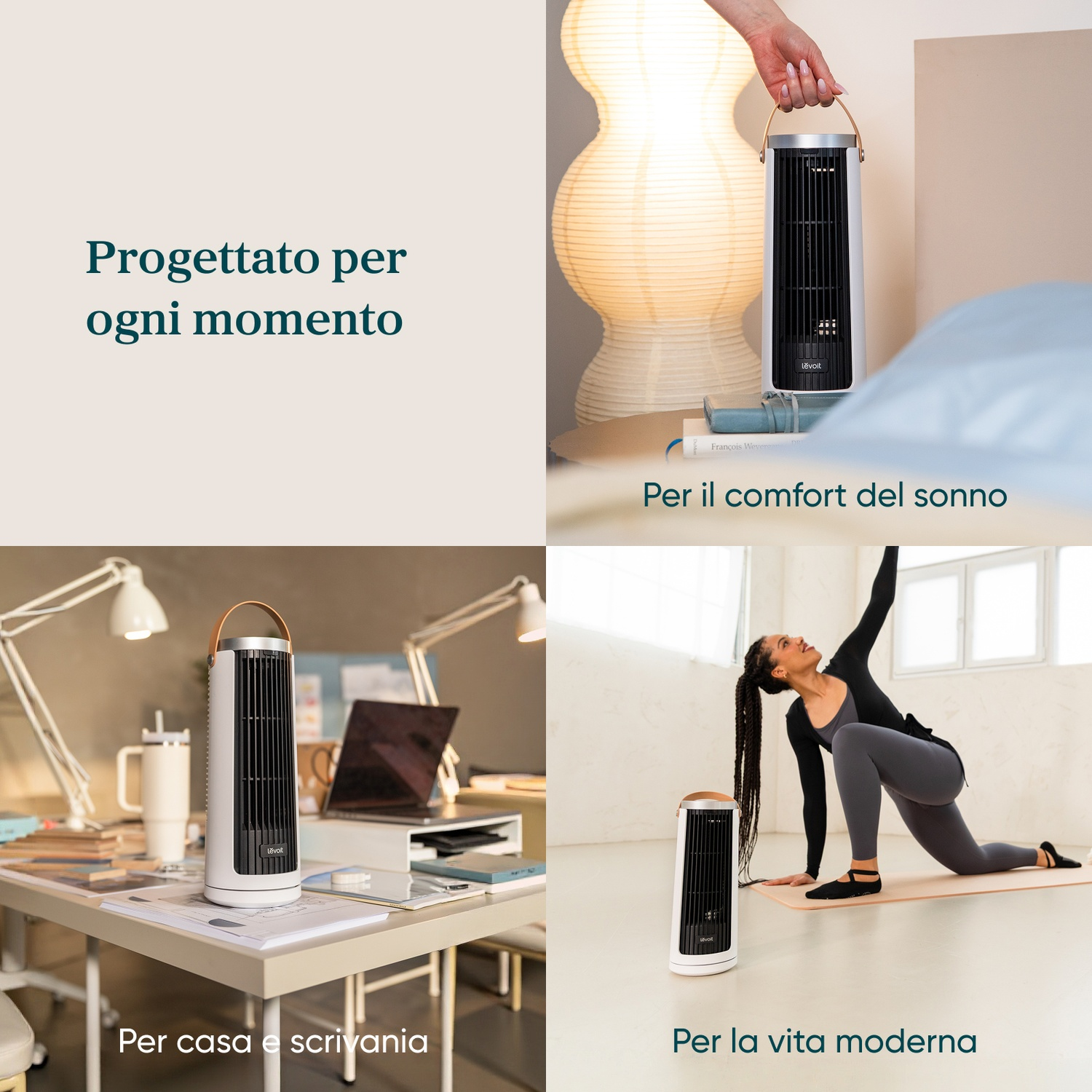 Un ventilatore a torre bianco accanto a un letto, su una scrivania e durante una posa yoga.