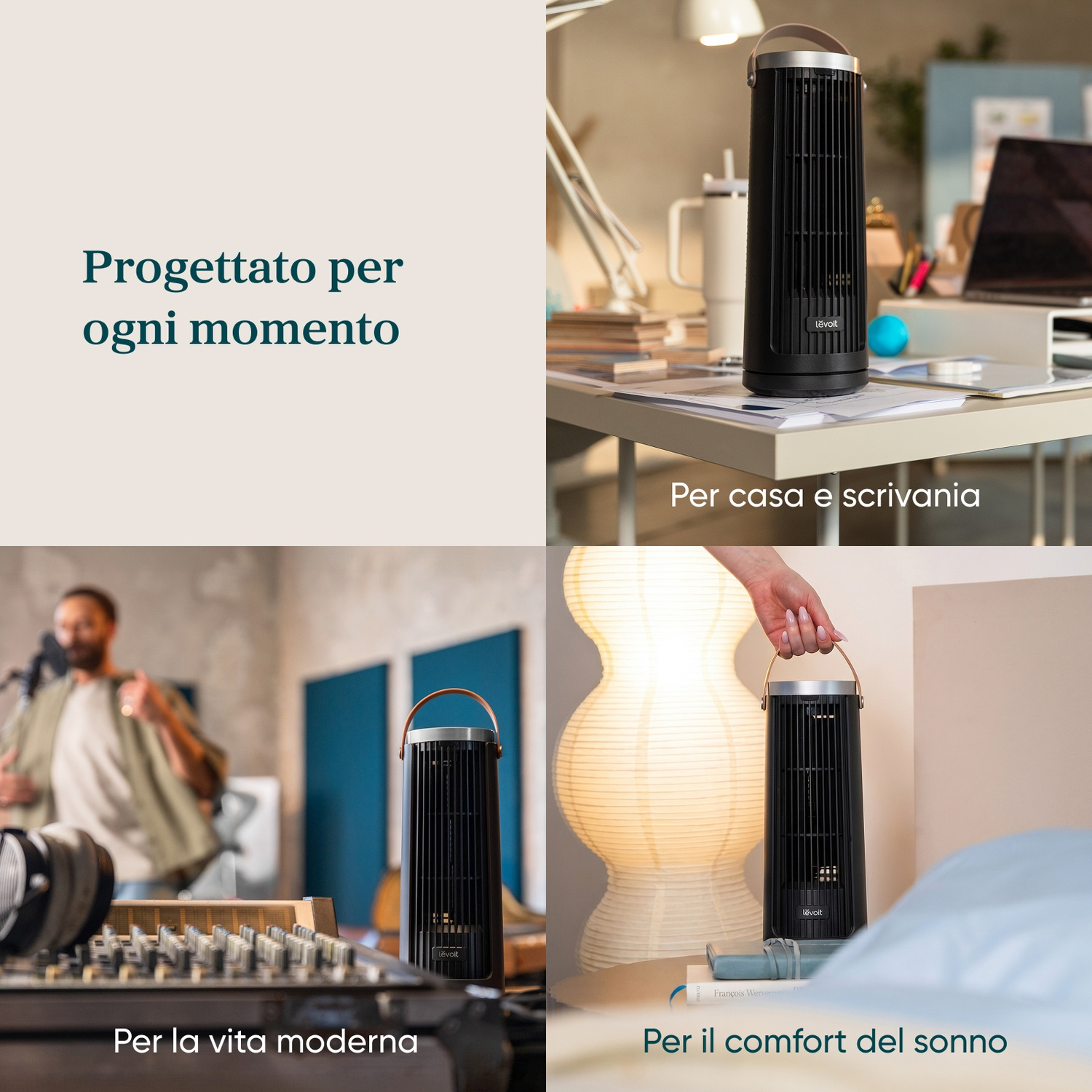 Un ventilatore a torre nero è su una scrivania accanto a un laptop.
