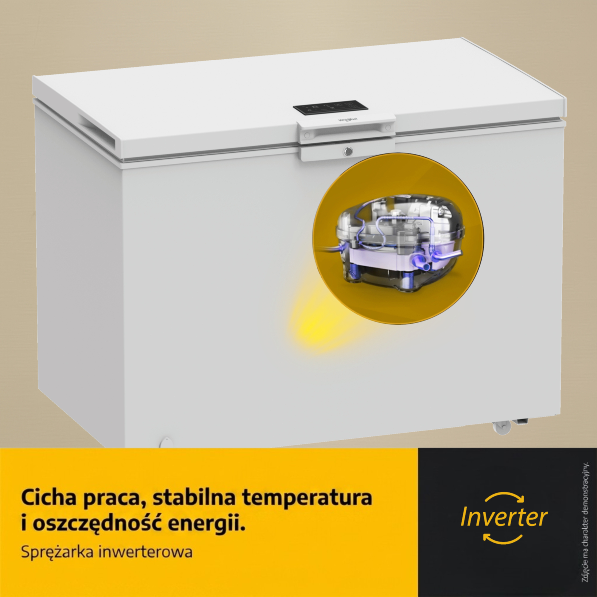 Biały zamrażarka skrzyniowa z zbliżeniem na sprężarkę inwerterową.