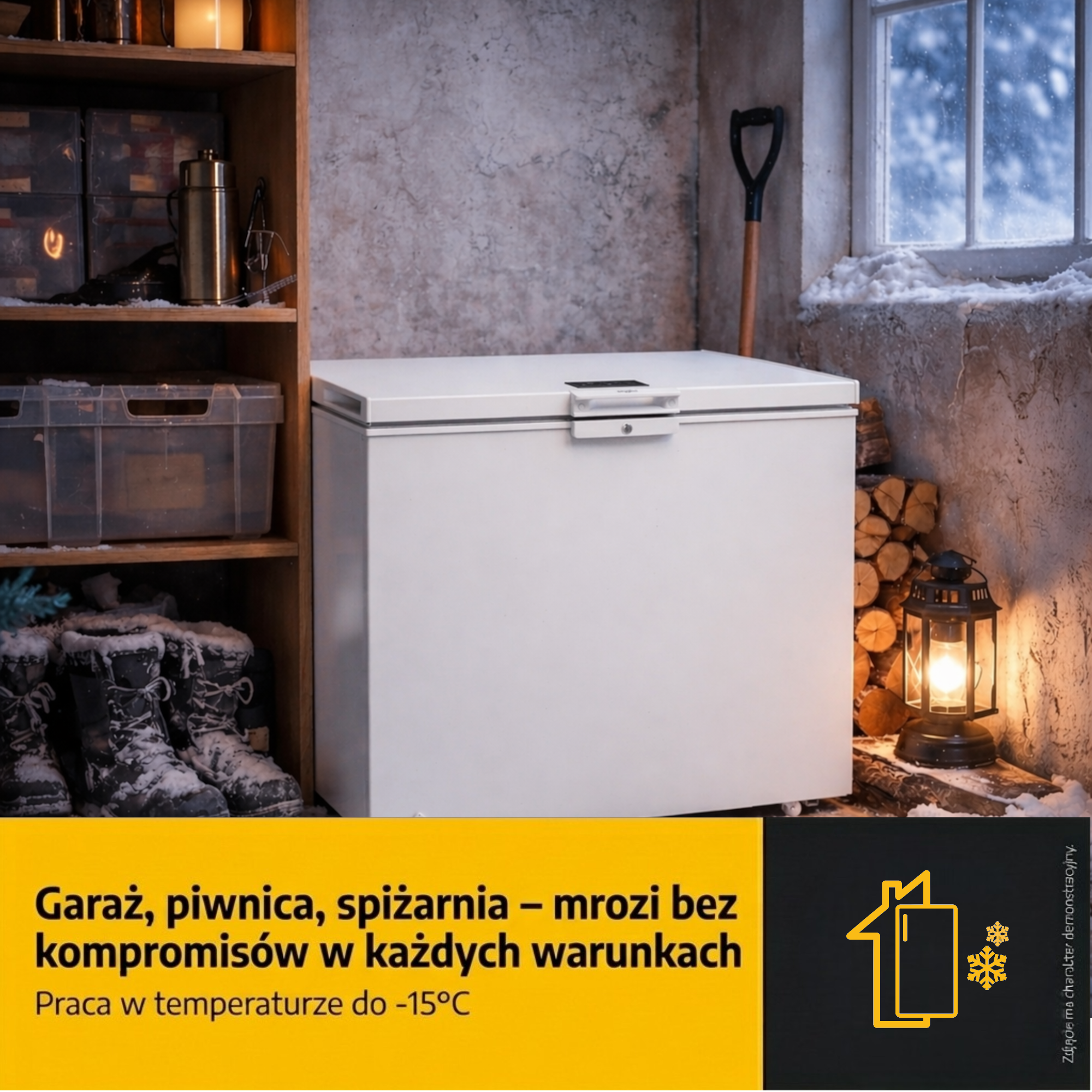 Biały zamrażarka skrzyniowa w chłodnym pomieszczeniu z drewnem, butami i oknem.