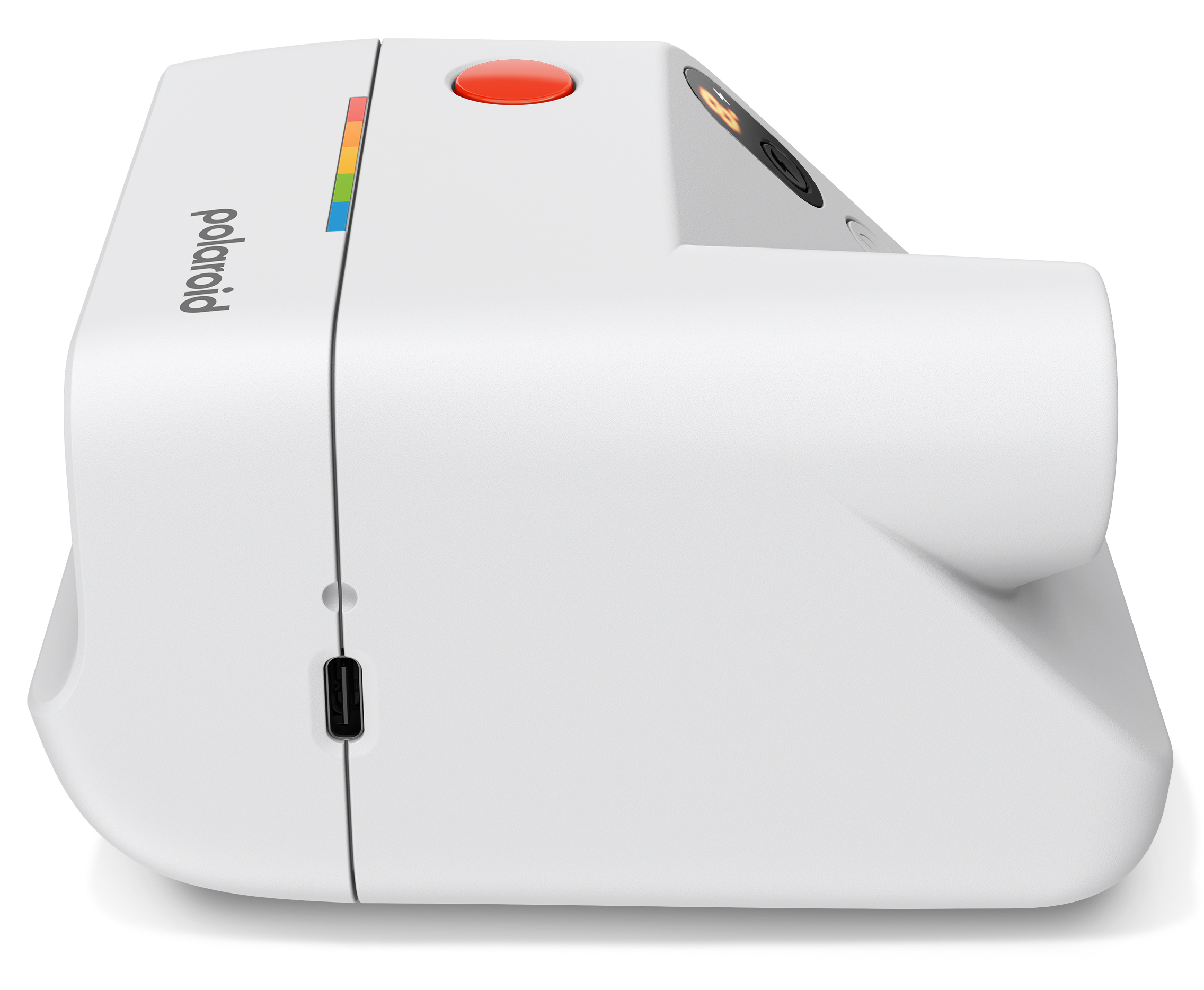 Fehér Polaroid fényképezőgép piros gombbal és USB-C porttal.