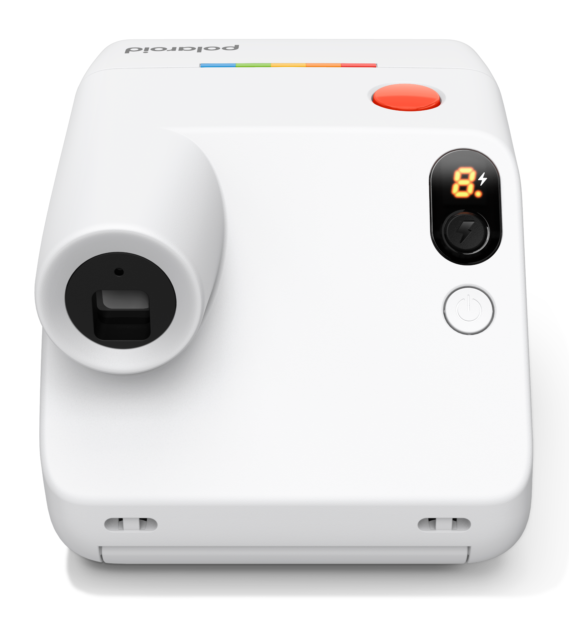 Fehér Polaroid fényképezőgép piros exponáló gombbal és digitális kijelzővel.