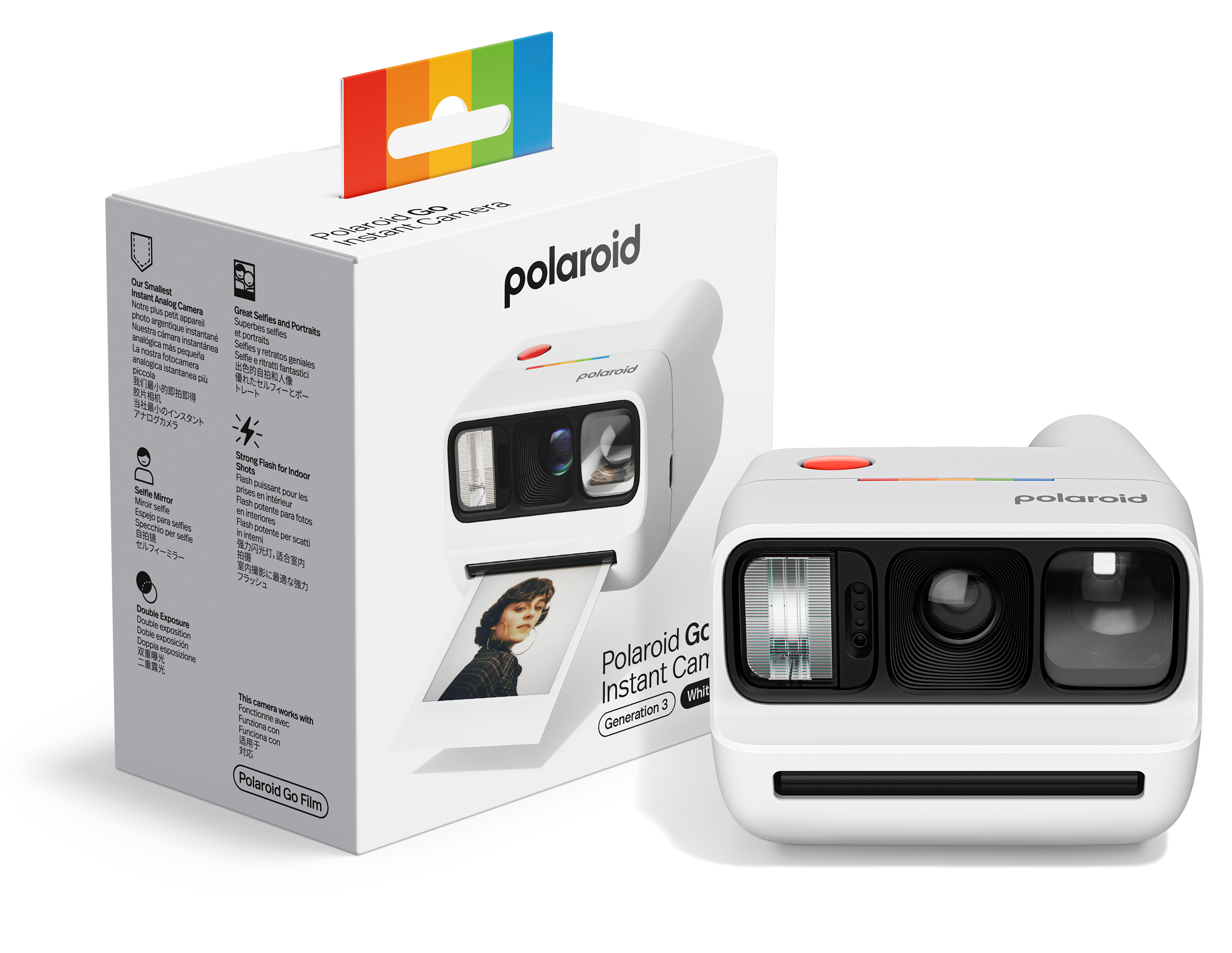 Fehér Polaroid Go azonnali fényképezőgép szivárvány díszítéssel és fotókimenettel.