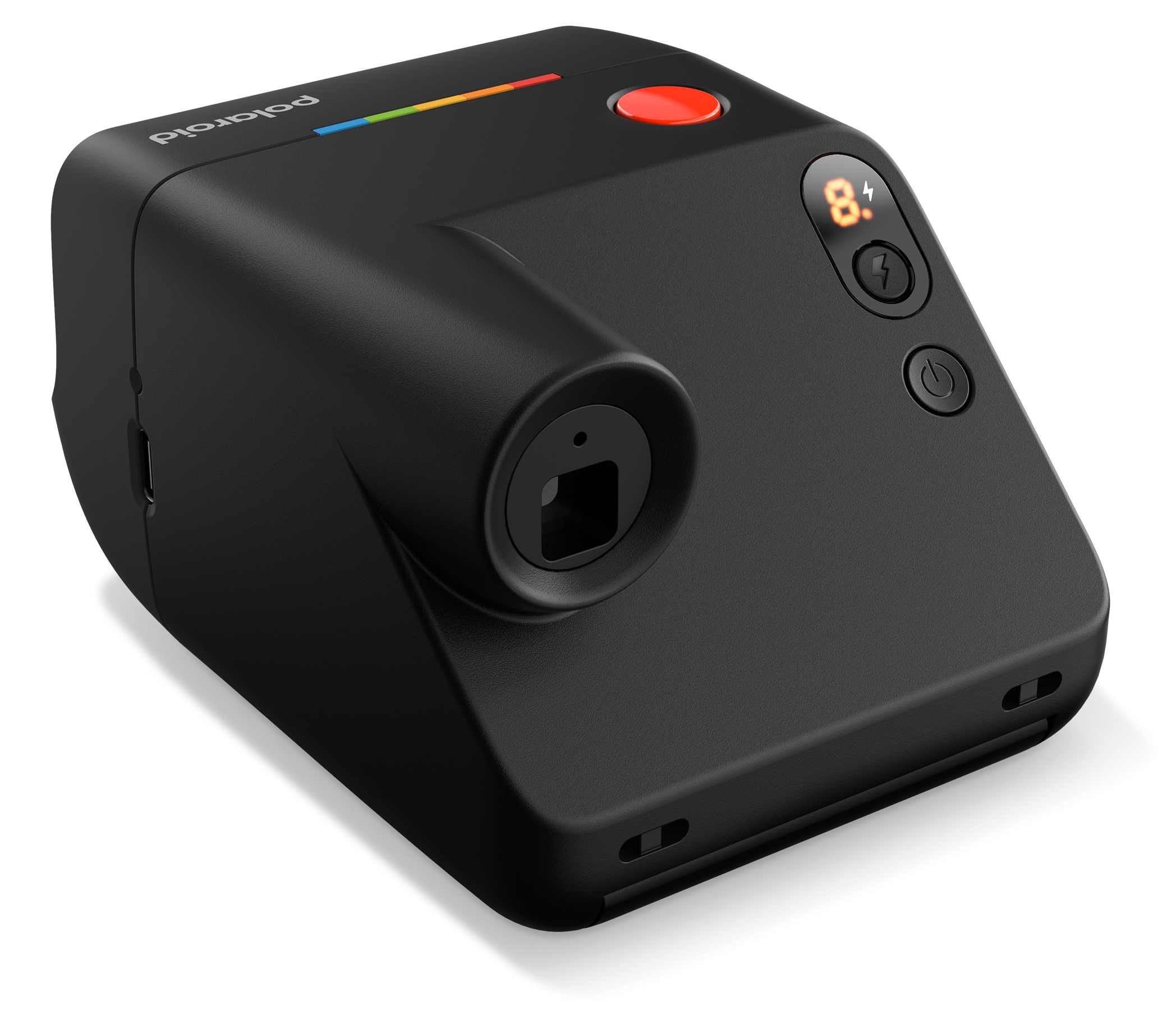 Fekete Polaroid azonnali fényképezőgép piros gombbal, digitális kijelzővel és szivárványcsíkkal.