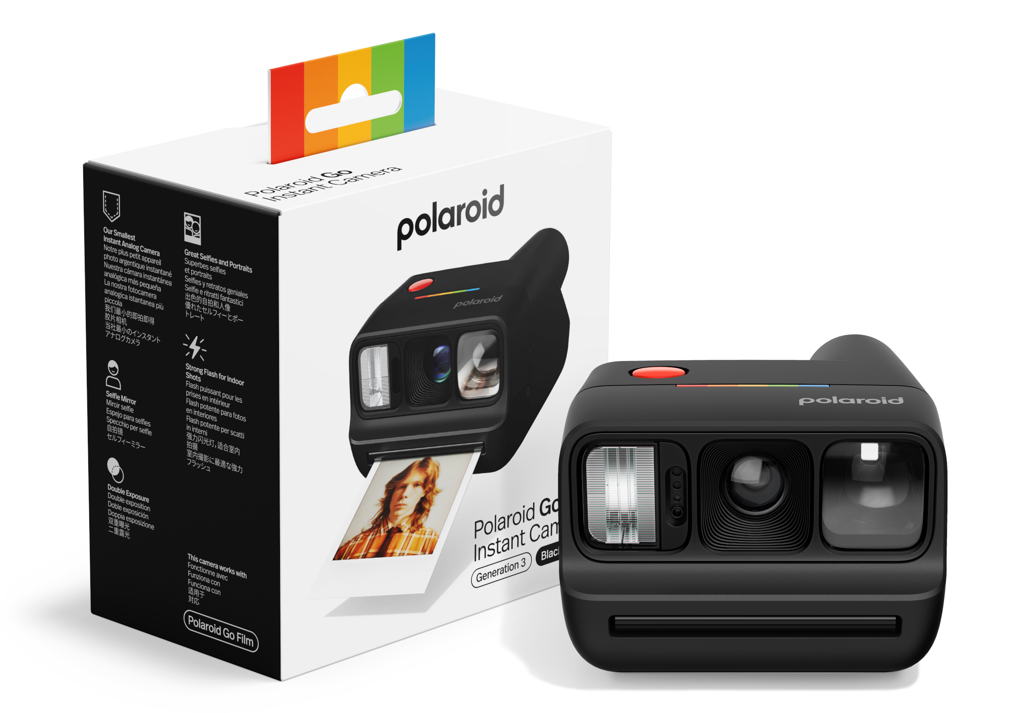 Fekete Polaroid Go azonnali fényképezőgép, egy fotóval, ami kibukkan a dobozból.