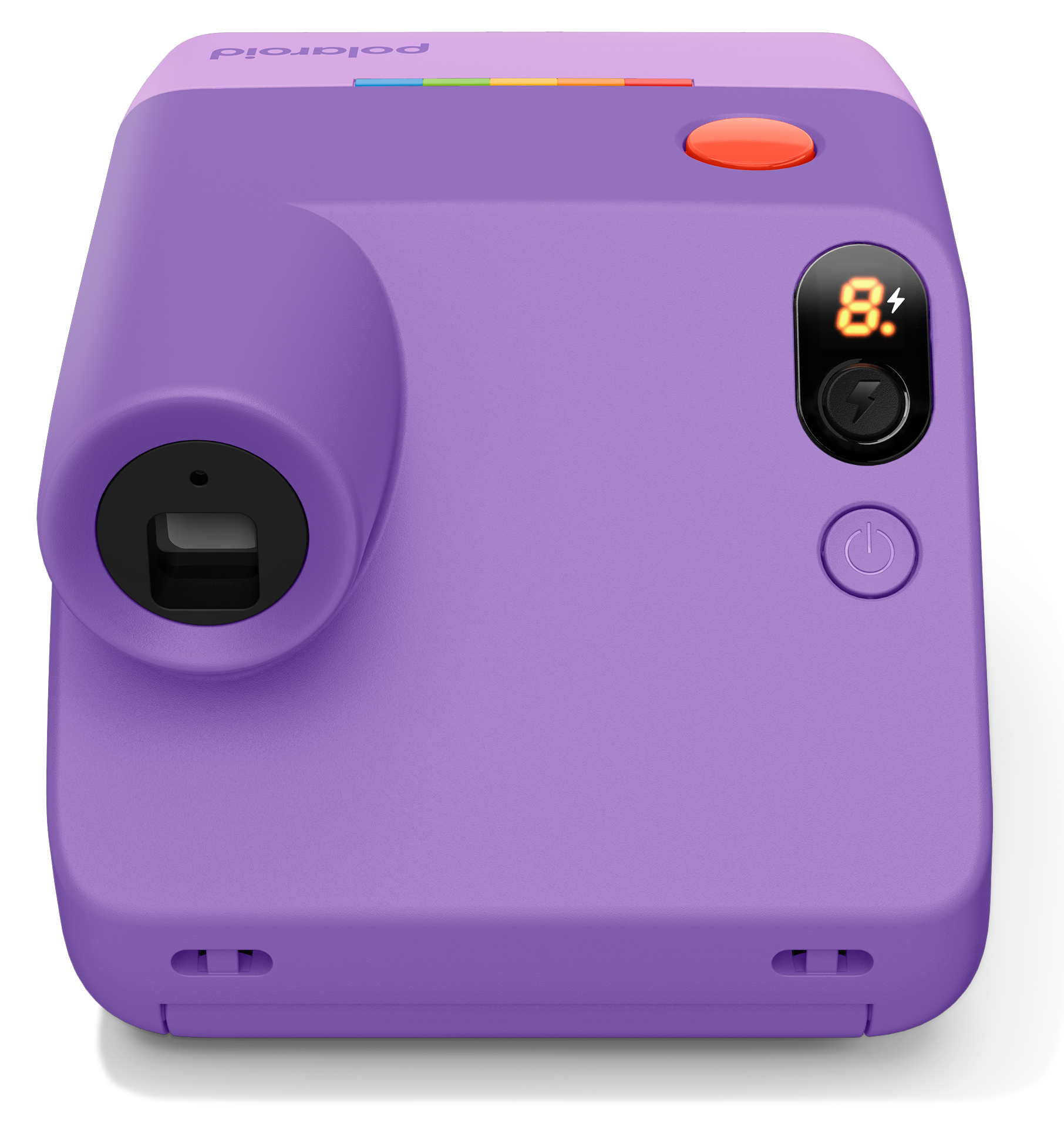 Egy lila Polaroid azonnali fényképezőgép narancssárga exponáló gombbal és digitális kijelzővel.