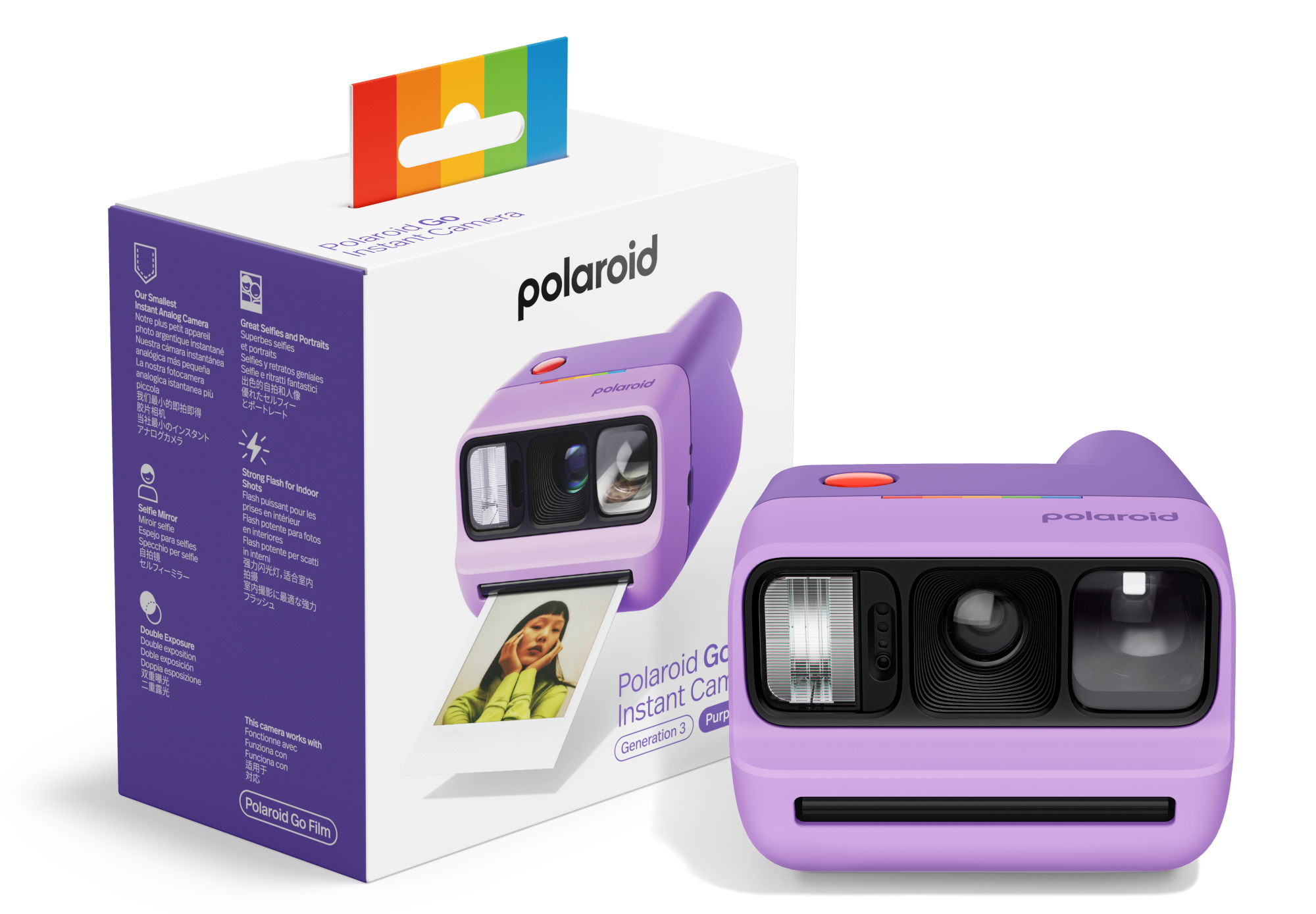Egy lila Polaroid Go azonnali fényképezőgép egy kinyomtatott fotóval és termékinformációkkal.