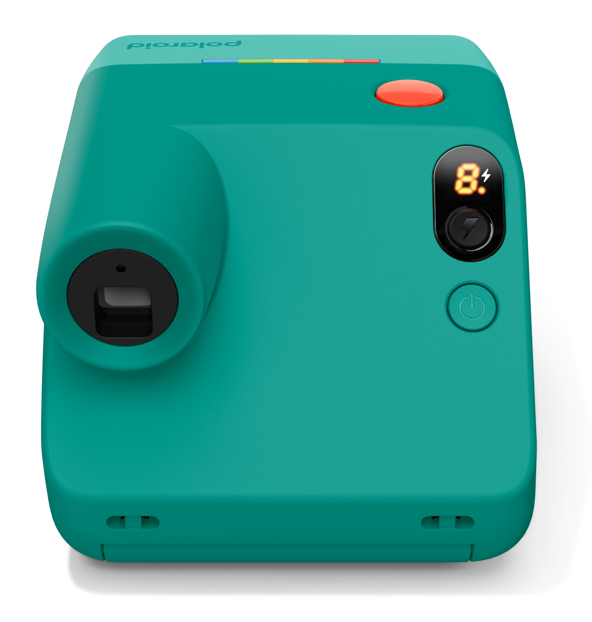 Egy türkiz Polaroid azonnali fényképezőgép piros exponáló gombbal és digitális kijelzővel.
