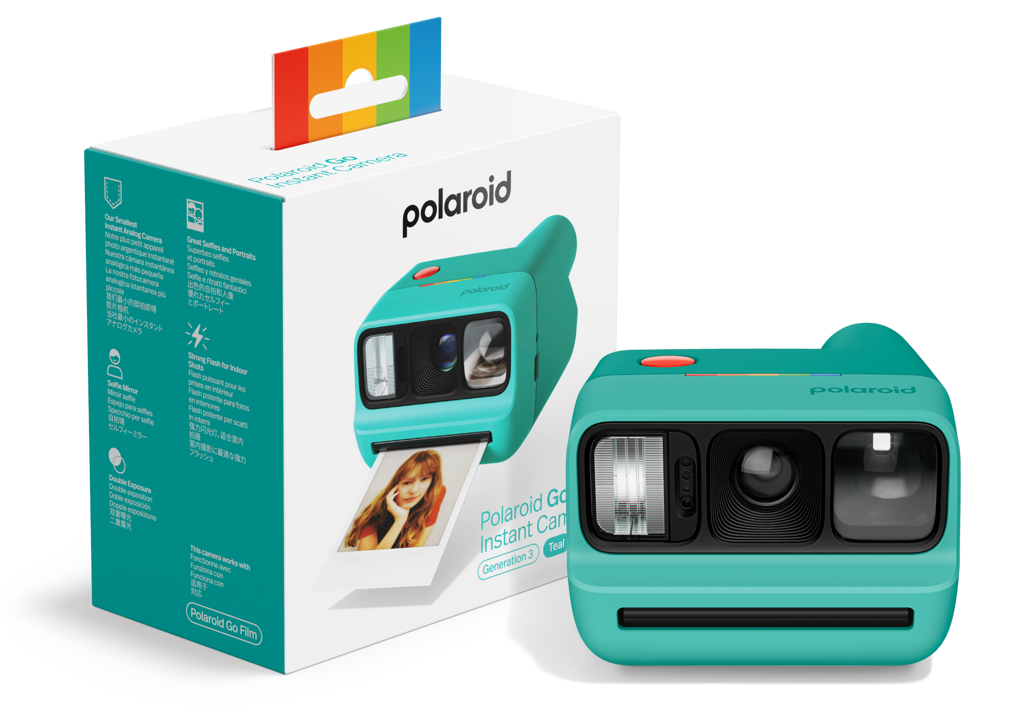 Egy türkiz Polaroid Go azonnali fényképezőgép szett a dobozával. Egy lányról készült fotó nyomtatódik a gépből.