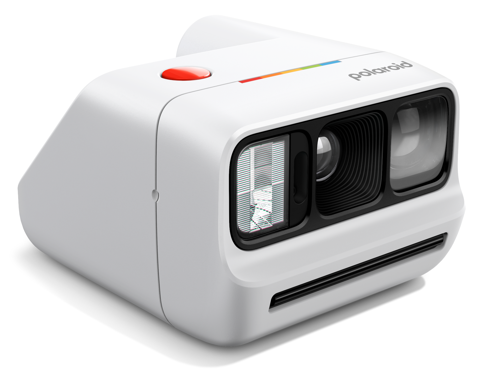 Fehér Polaroid azonnali fényképezőgép piros exponálógombbal és szivárványcsíkokkal.