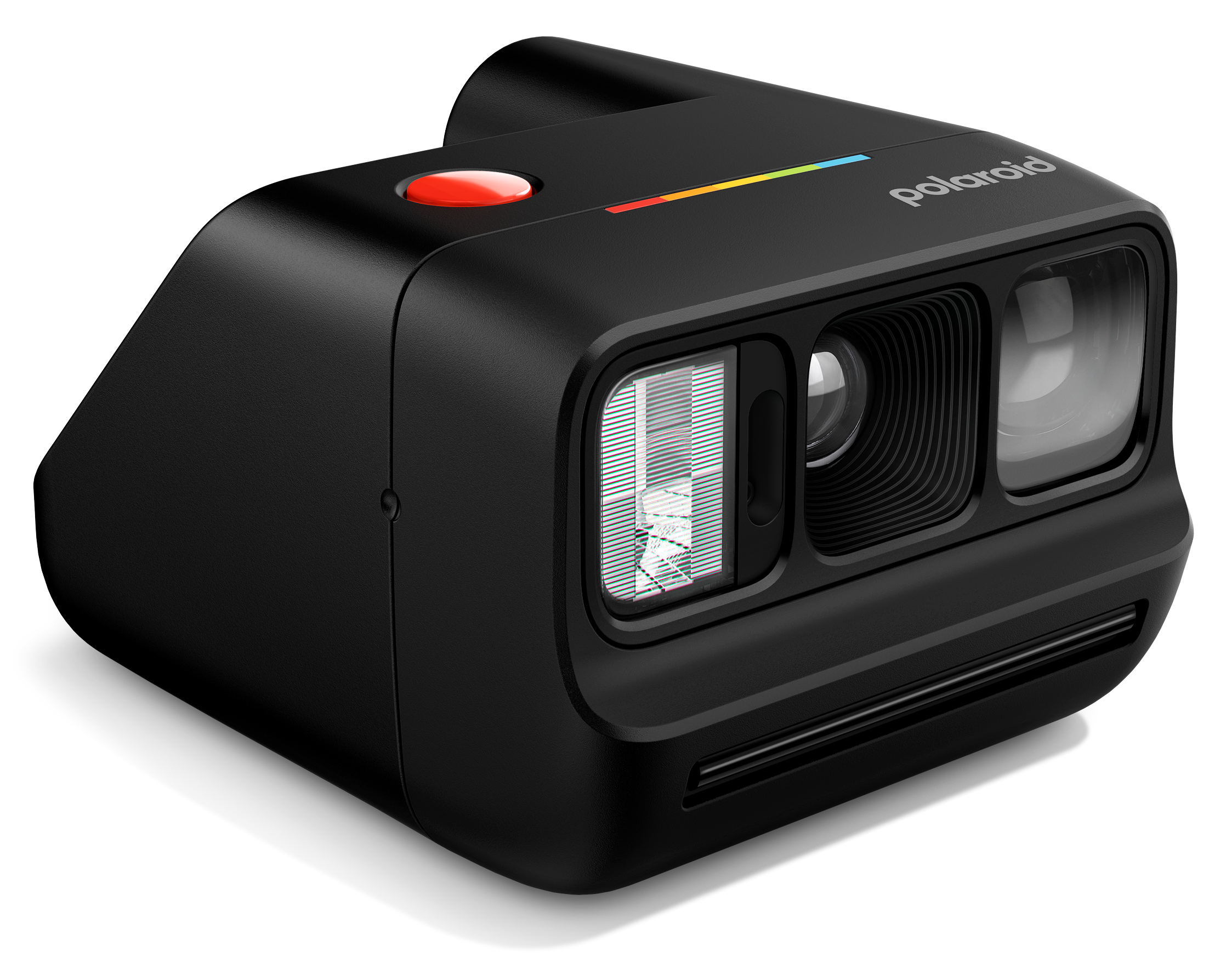 Fekete Polaroid fényképezőgép piros exponáló gombbal és színes csíkokkal.