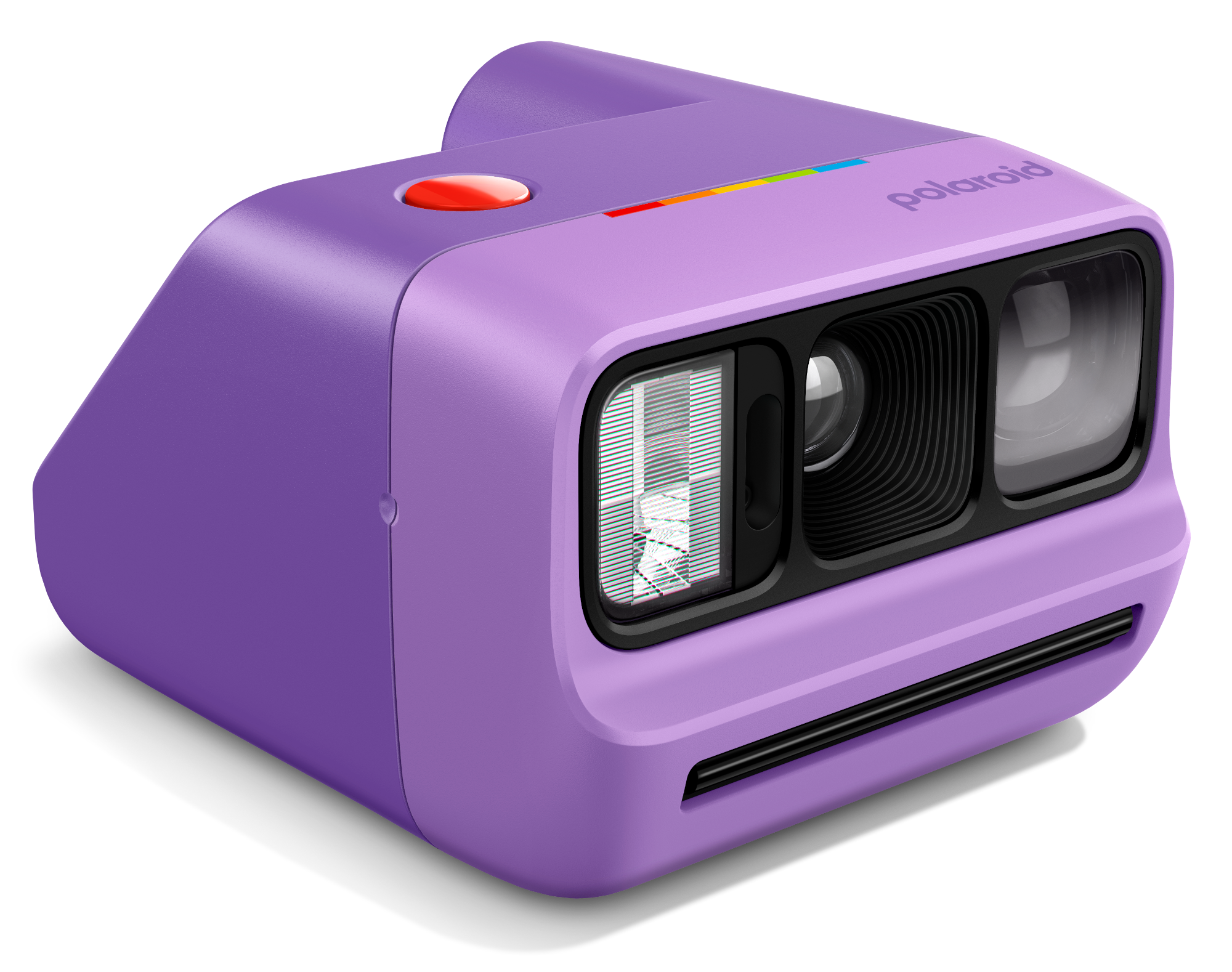 Lila Polaroid fényképezőgép piros exponáló gombbal és szivárvány díszítéssel.