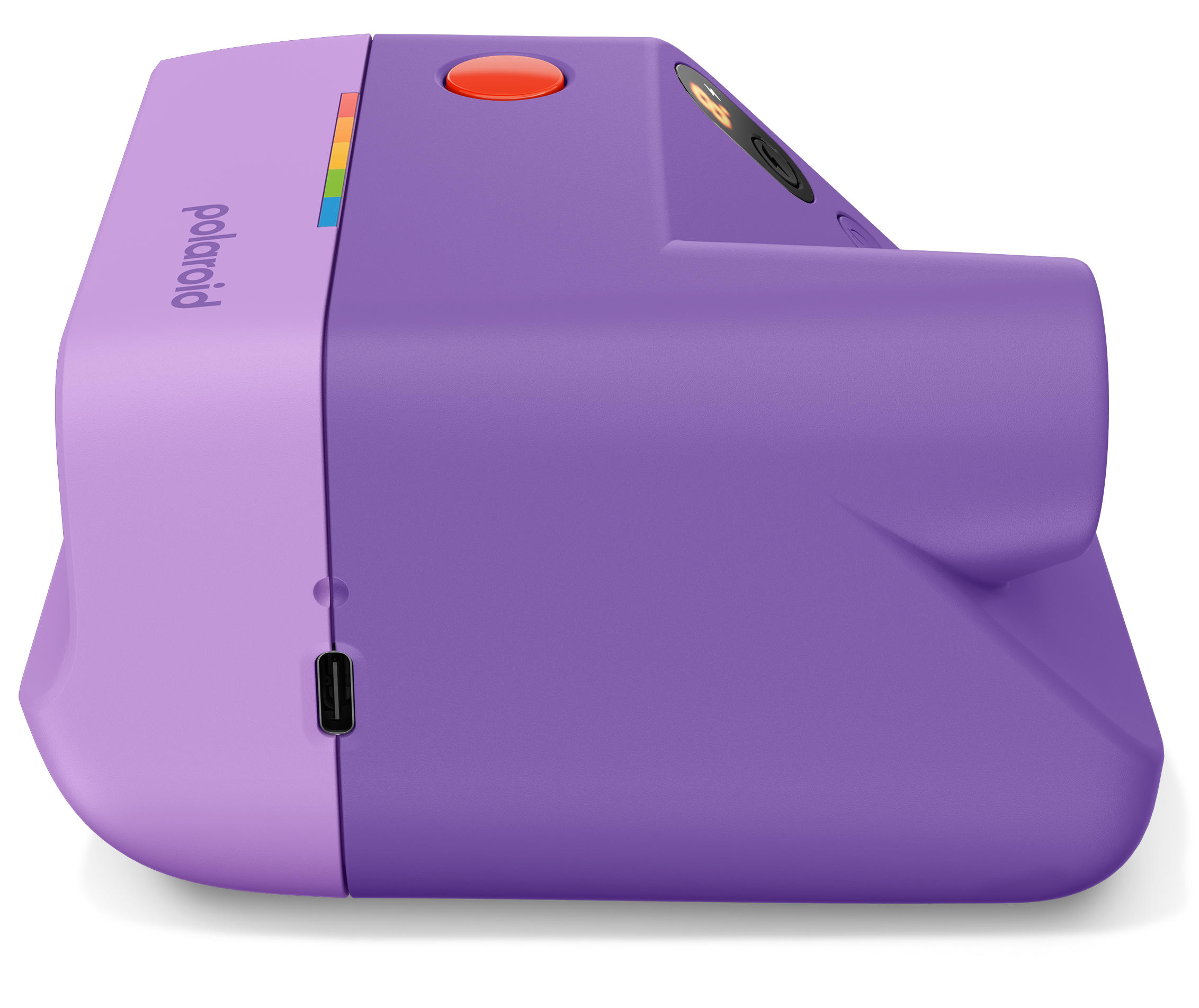 Egy lila Polaroid kamera narancssárga exponálógombbal és szivárvány díszítéssel.