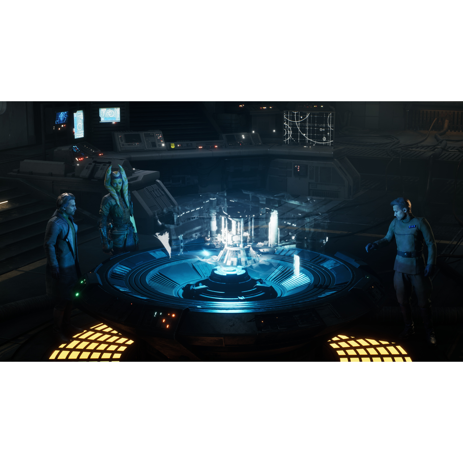 Drie mensen staan rond een gloeiende holografische console in een donkere kamer.