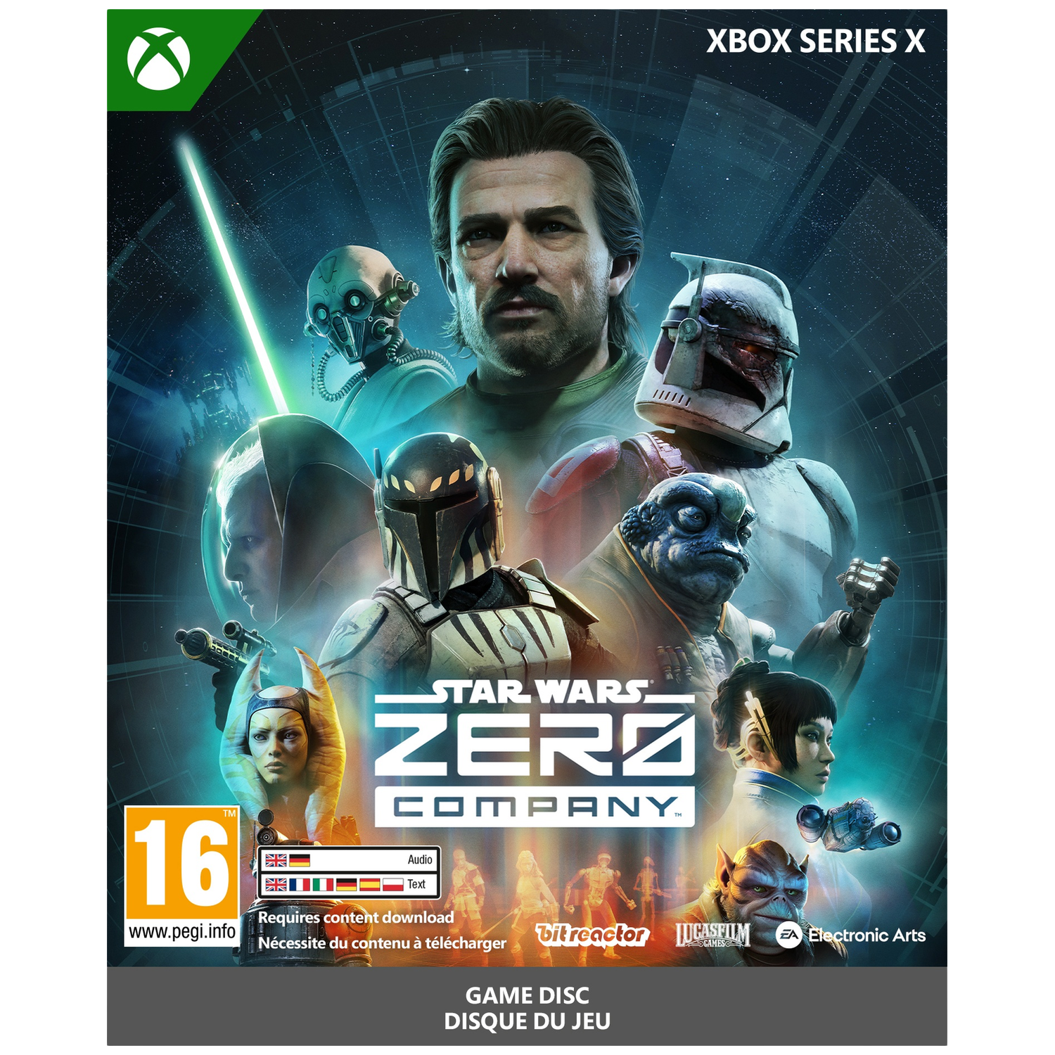 Star Wars: Zero Company Xbox Series X cover. Karakters in harnas, een man, een alien, een droid.