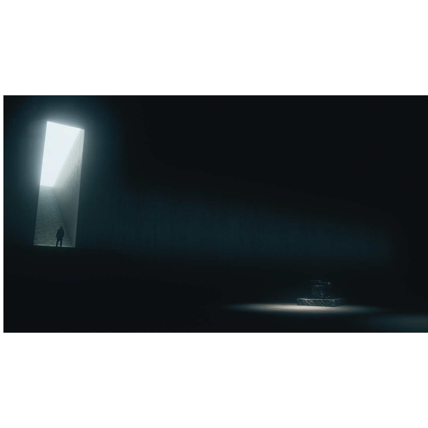 Een persoon op een trap in het donker, een object is verlicht.