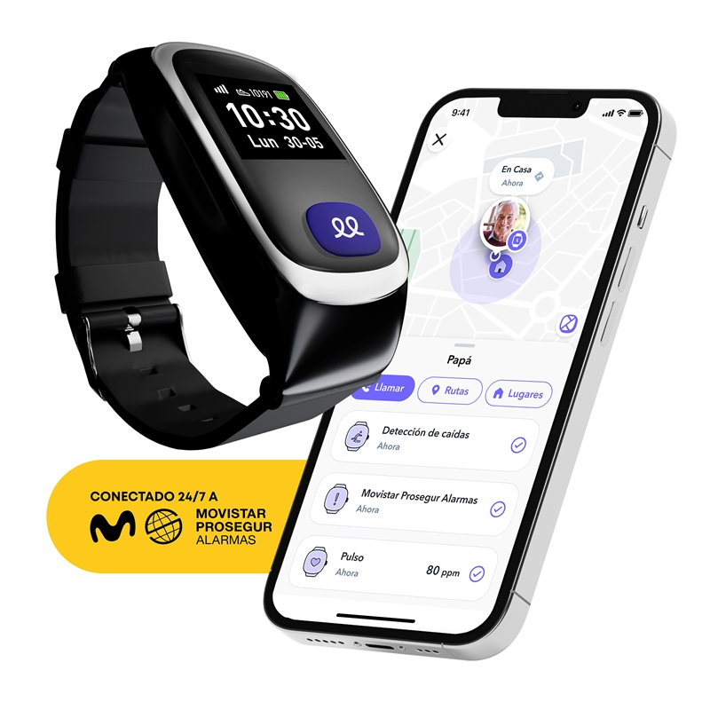 Un smartwatch negro y un smartphone muestran una app con datos de ubicación y salud.