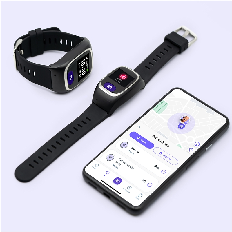 Dos relojes inteligentes negros y un smartphone mostrando una interfaz de mapa.