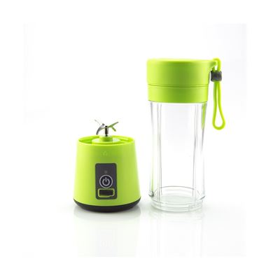 Una licuadora portátil con base verde, cuchilla y recipiente transparente.