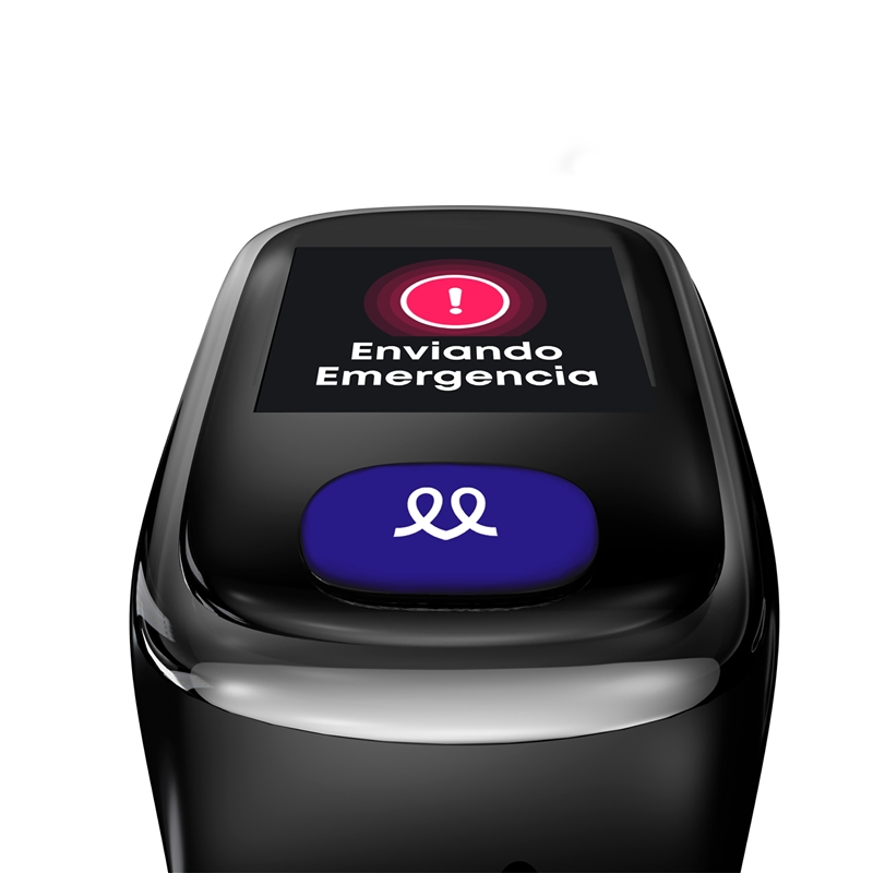 Dispositivo negro con pantalla "Enviando Emergencia" y botón azul.