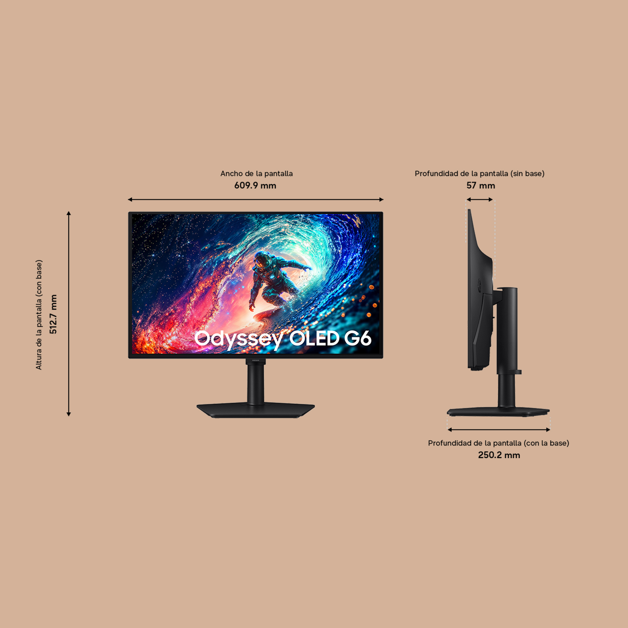 Un monitor con un astronauta en pantalla, se muestran las dimensiones.