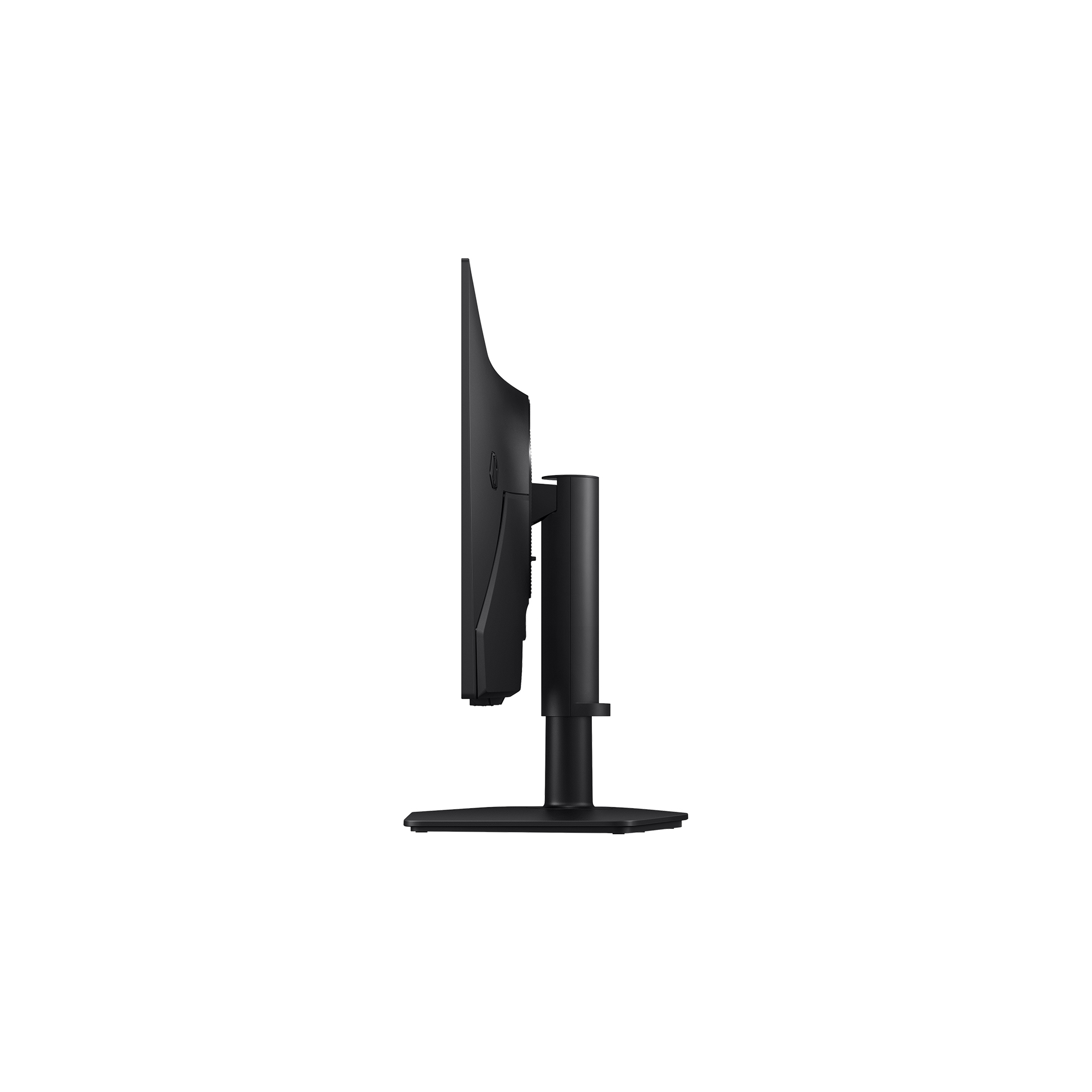 Un monitor de computadora negro visto de lado sobre fondo blanco.