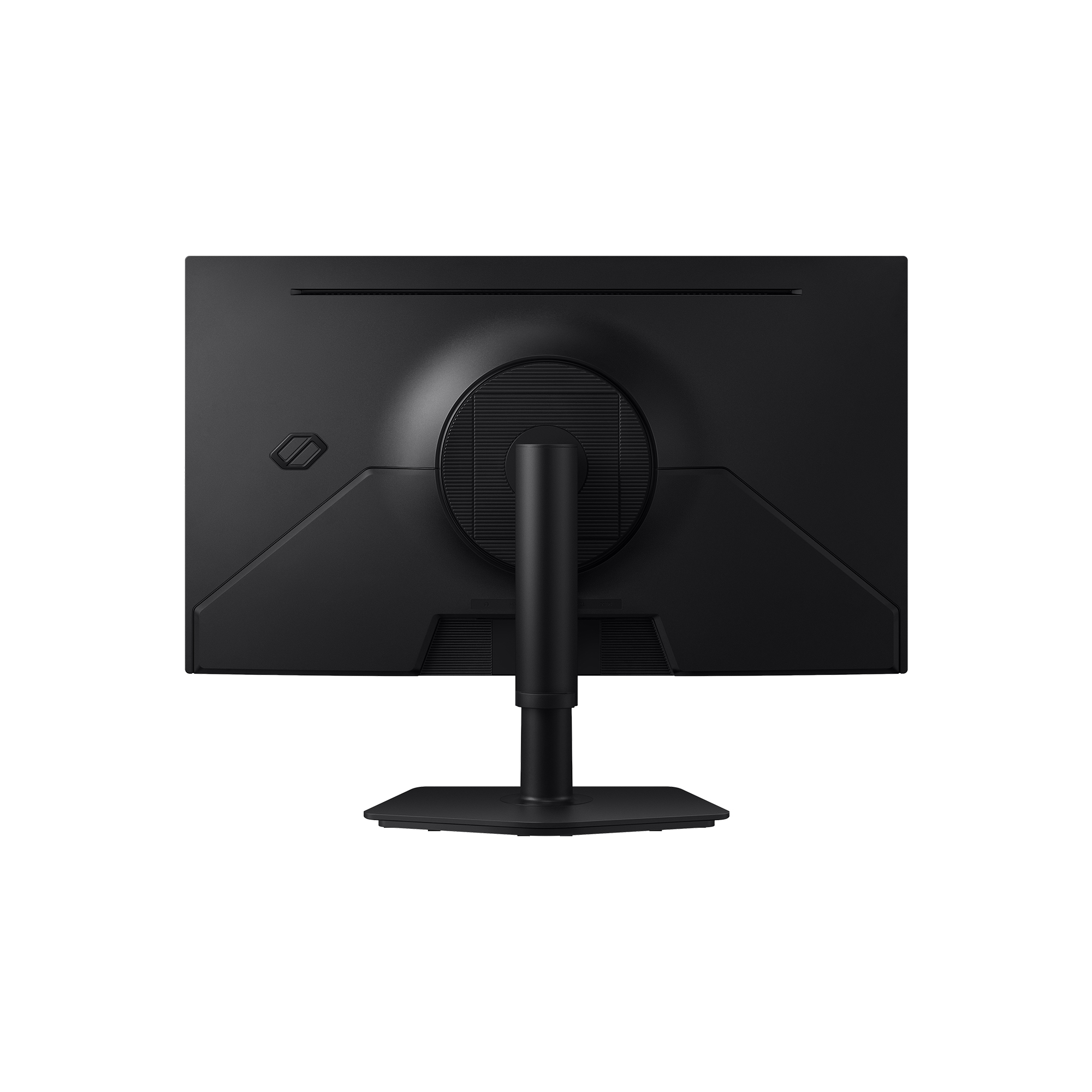 Vista trasera de un monitor de ordenador negro con soporte y rejillas.