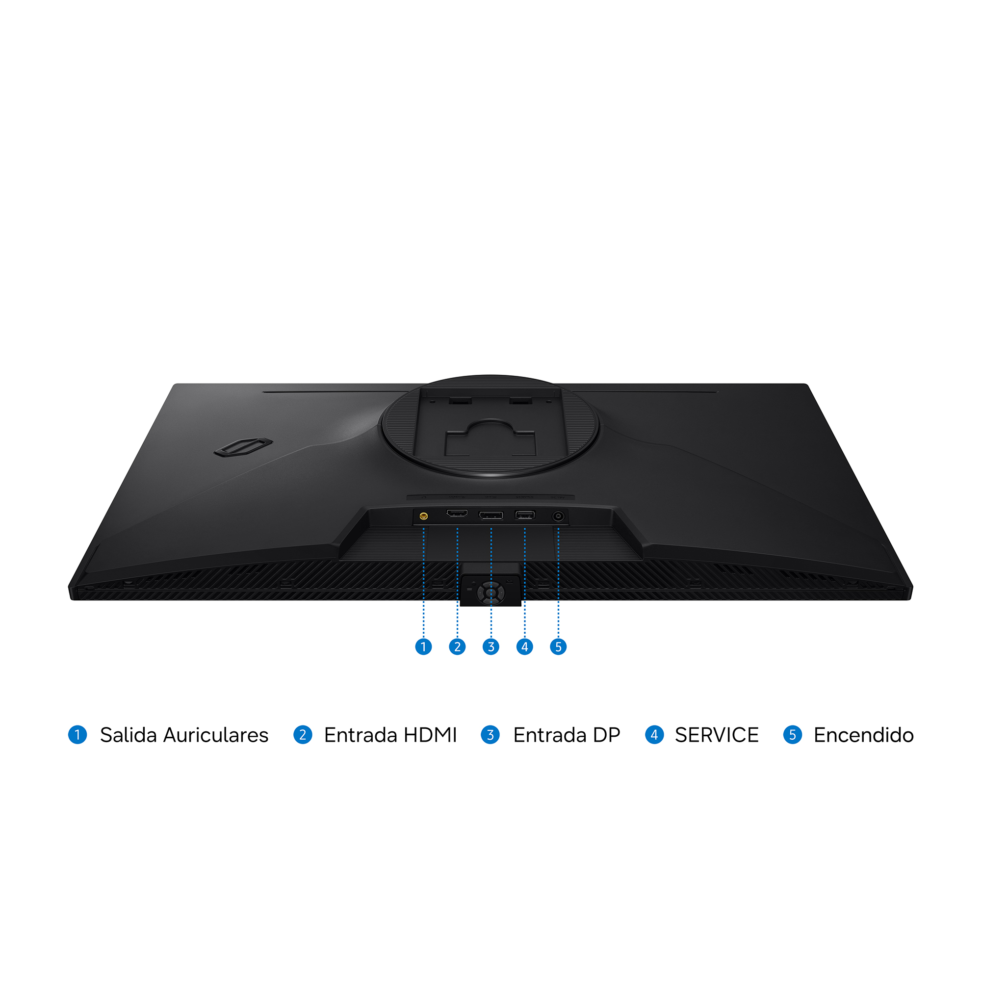 Parte trasera de un monitor negro mostrando puertos: salida auriculares, HDMI, DP, Servicio, Encendido.