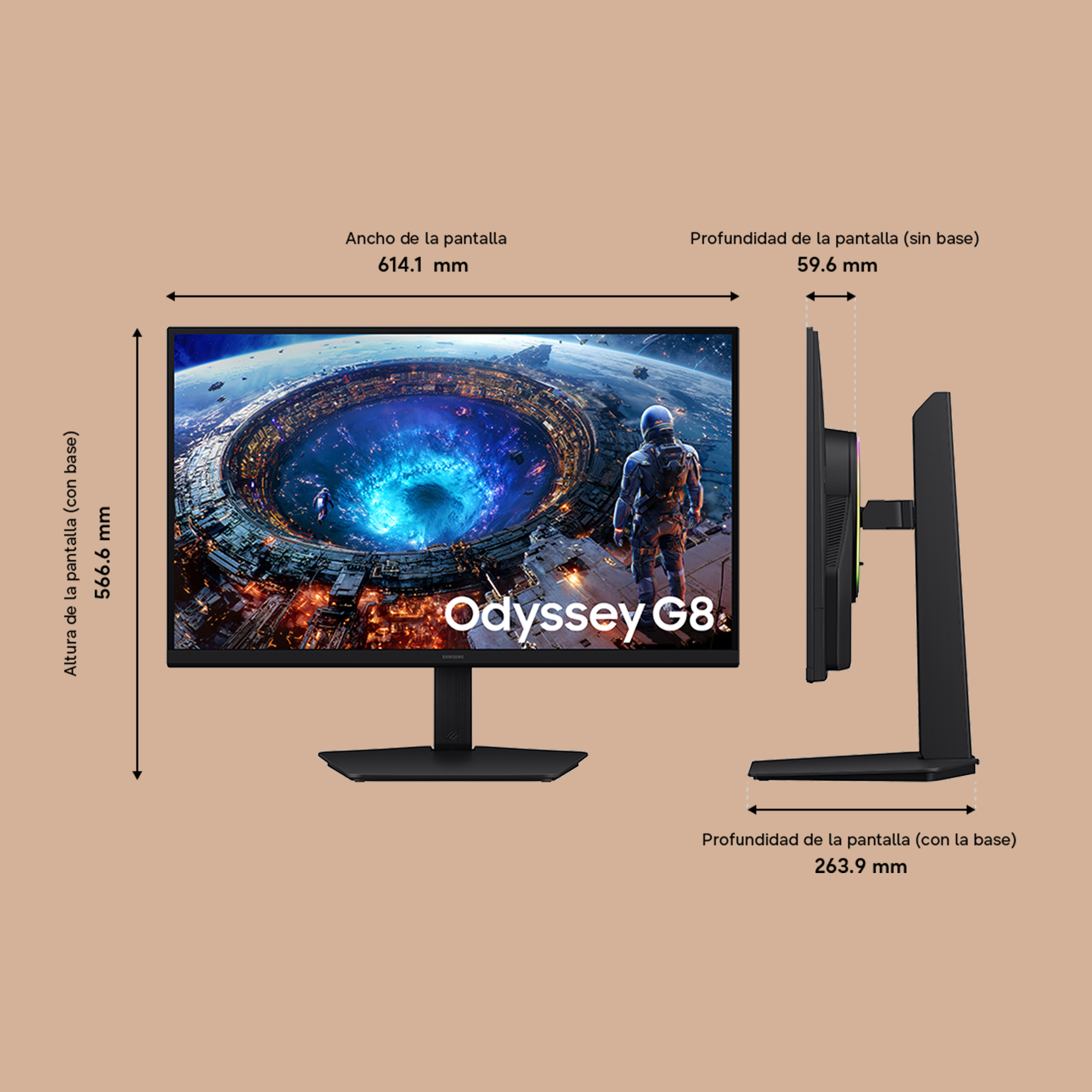 Un monitor con escena futurista y dimensiones mostradas.