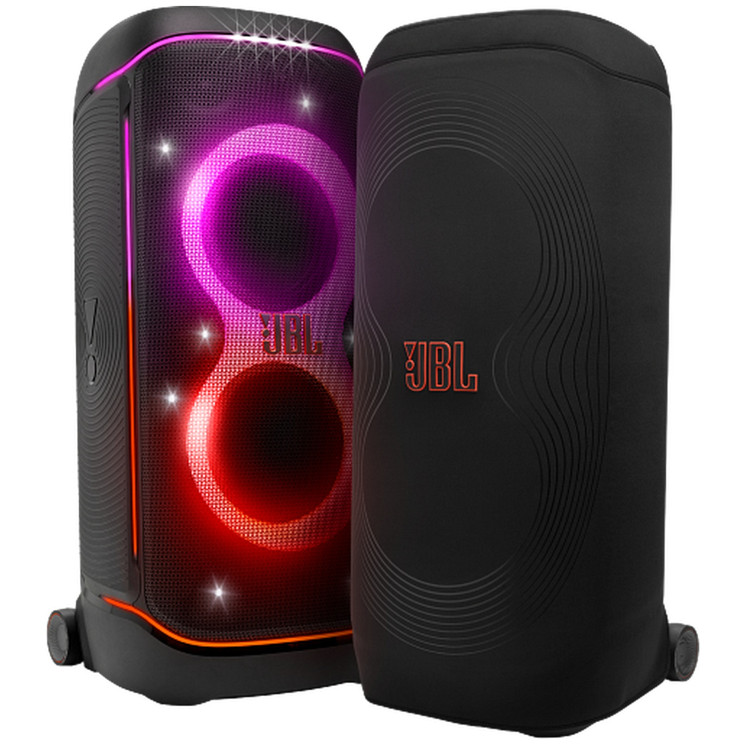 Two black JBL speakers, one with colorful lights, the other covered.