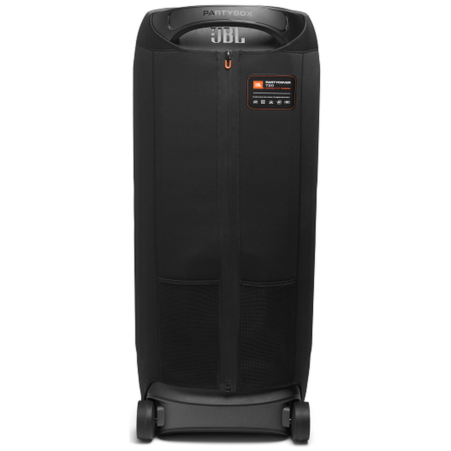 Black JBL Partybox 720 speaker with a handle and wheels.