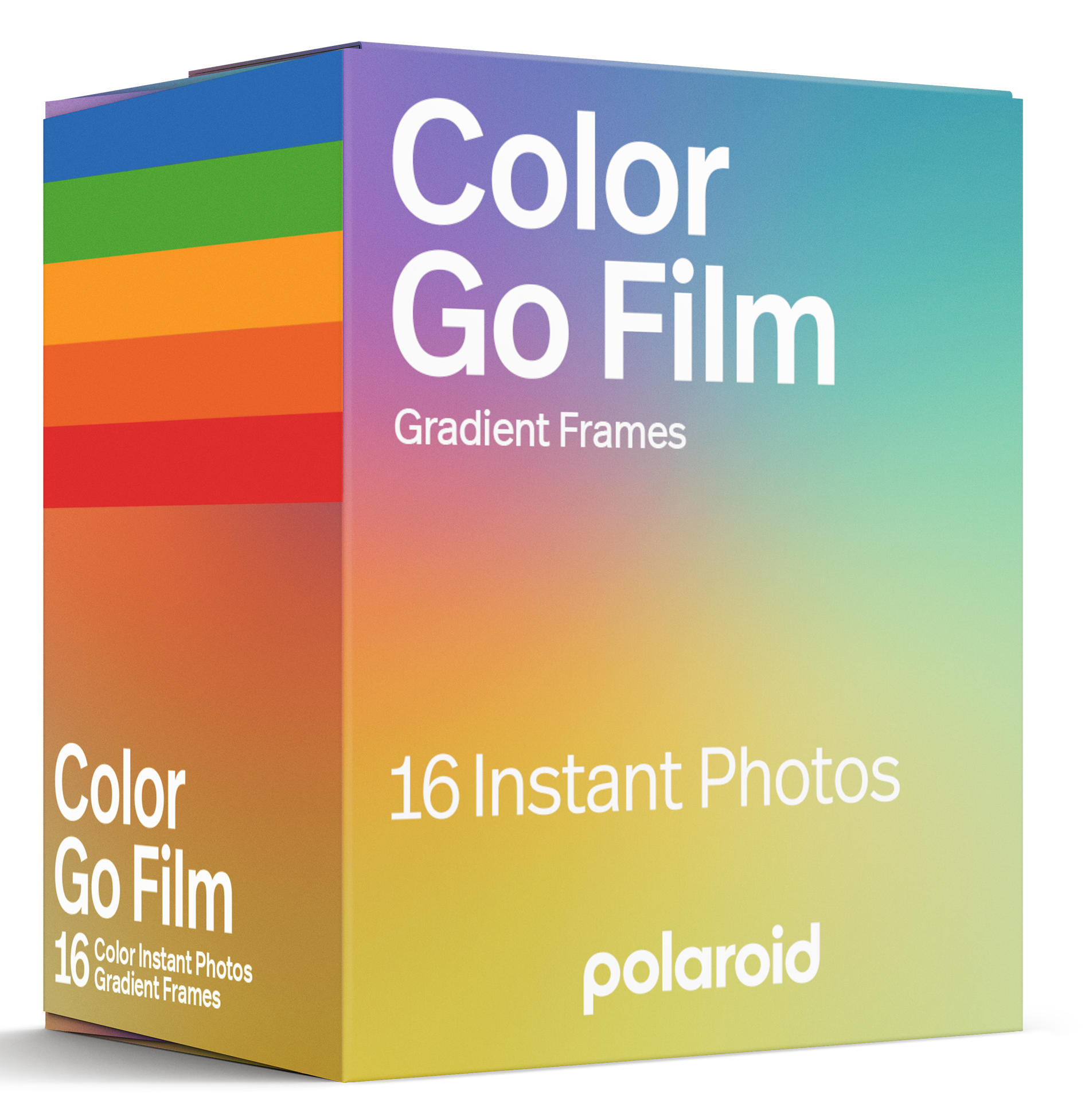 Polaroid Color Go Film doboz színátmenettel és szivárványcsíkokkal.