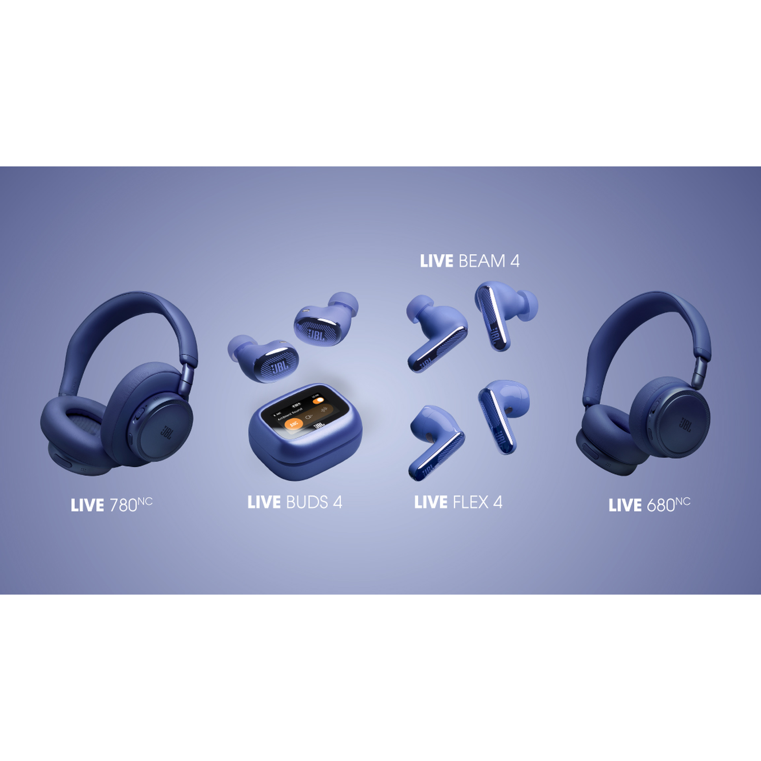 Four JBL headphone models in blue displayed on a purple background.