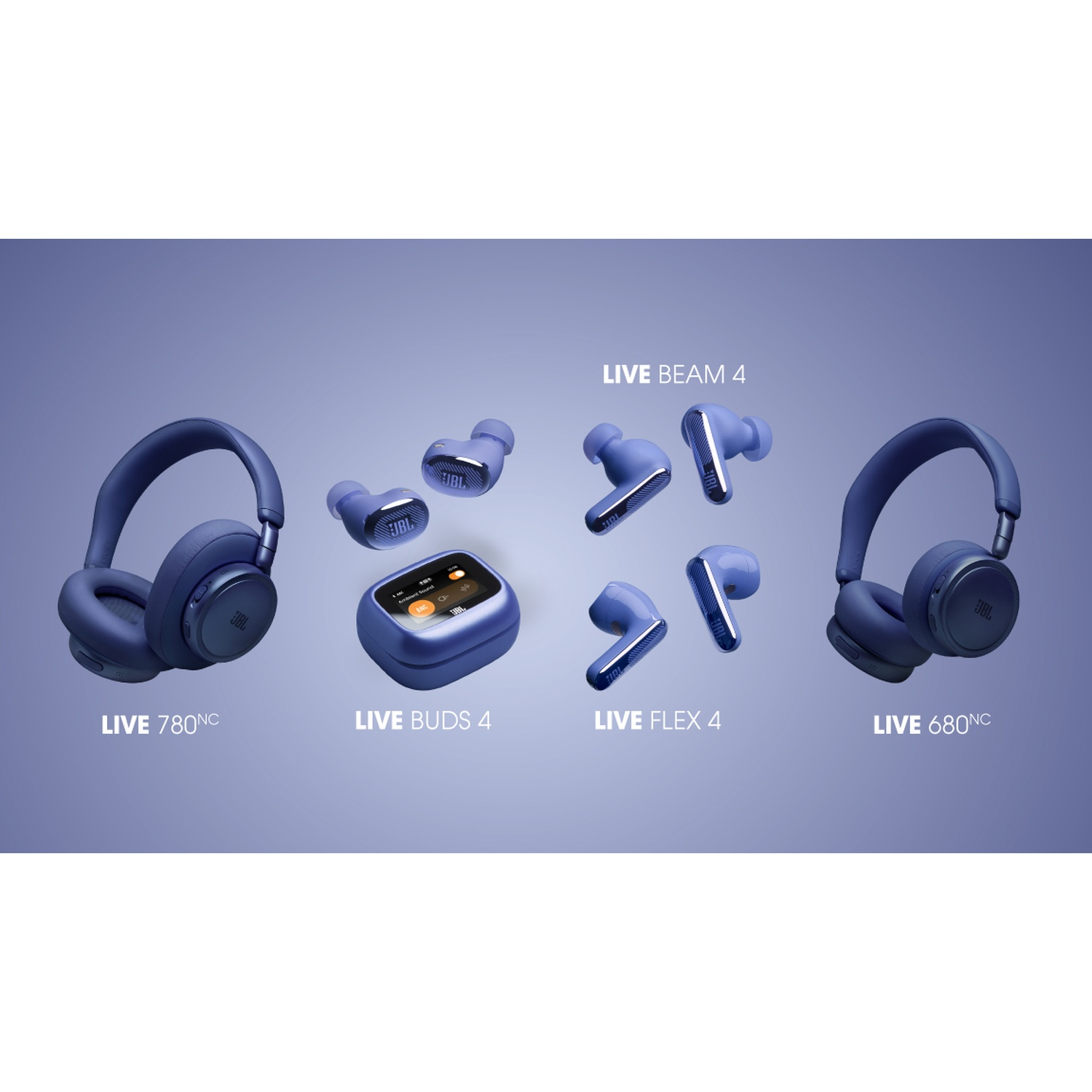 Casques et écouteurs JBL bleus sur fond violet.