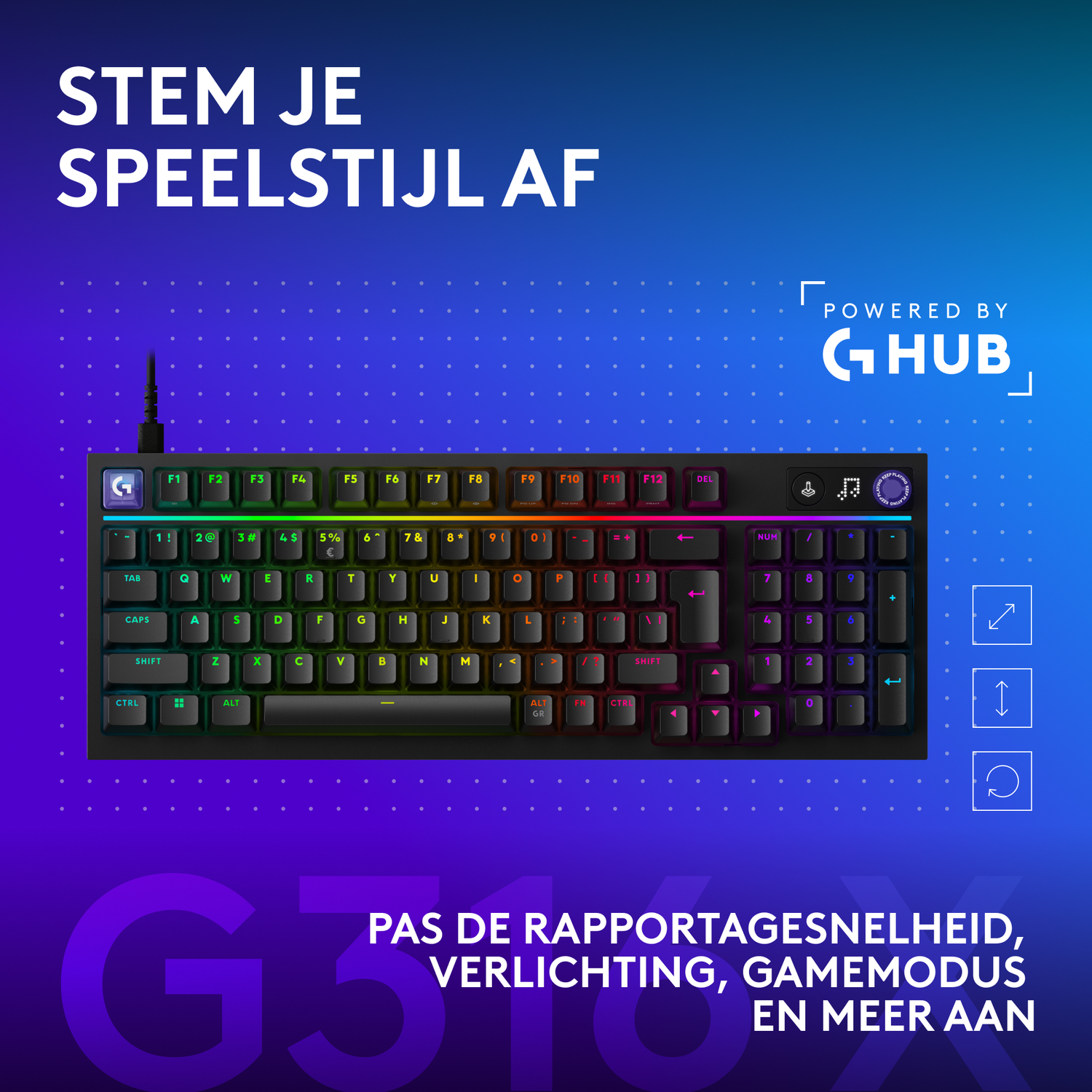 A black gaming keyboard with RGB lighting and Dutch keycaps.