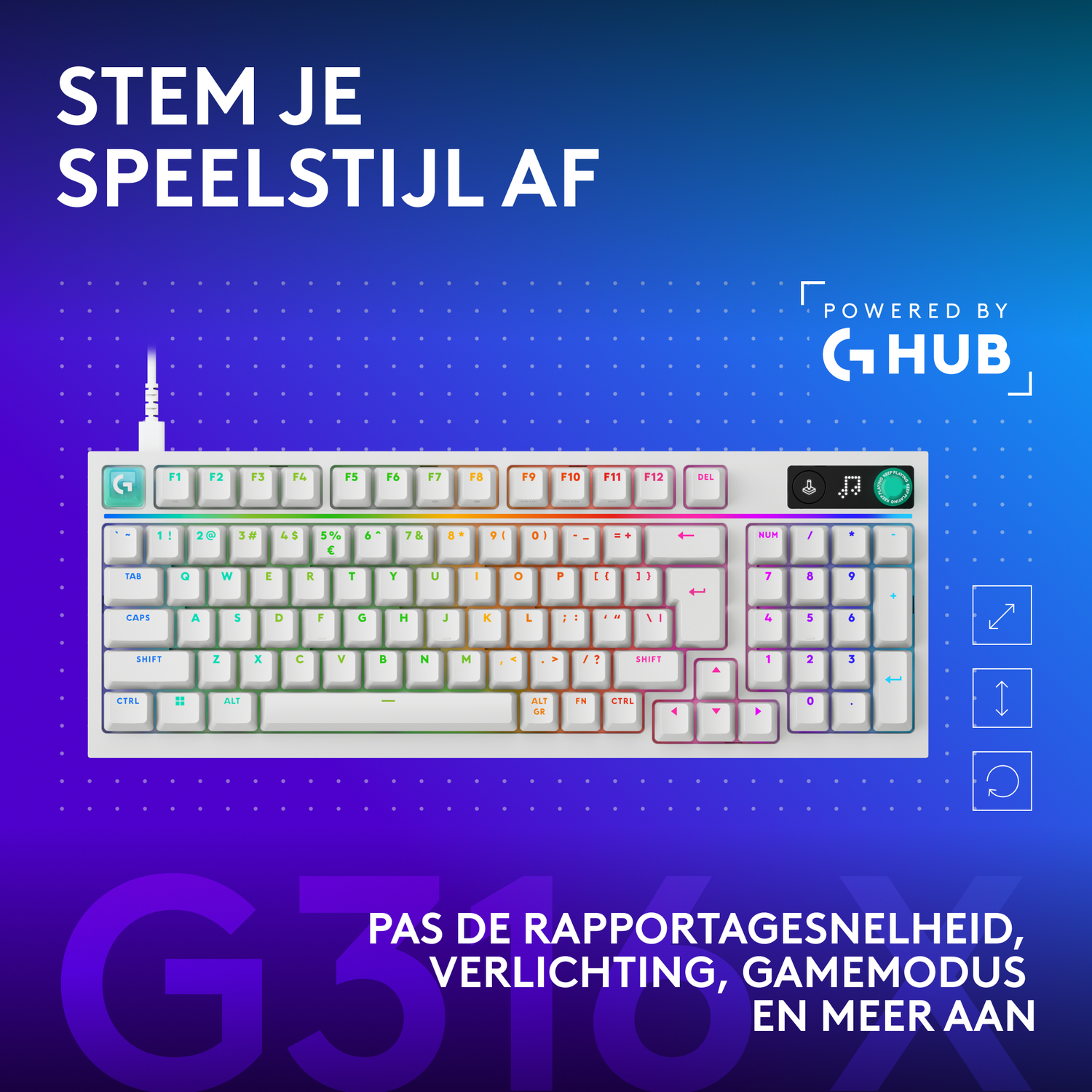 A white keyboard with RGB lighting and Dutch text.