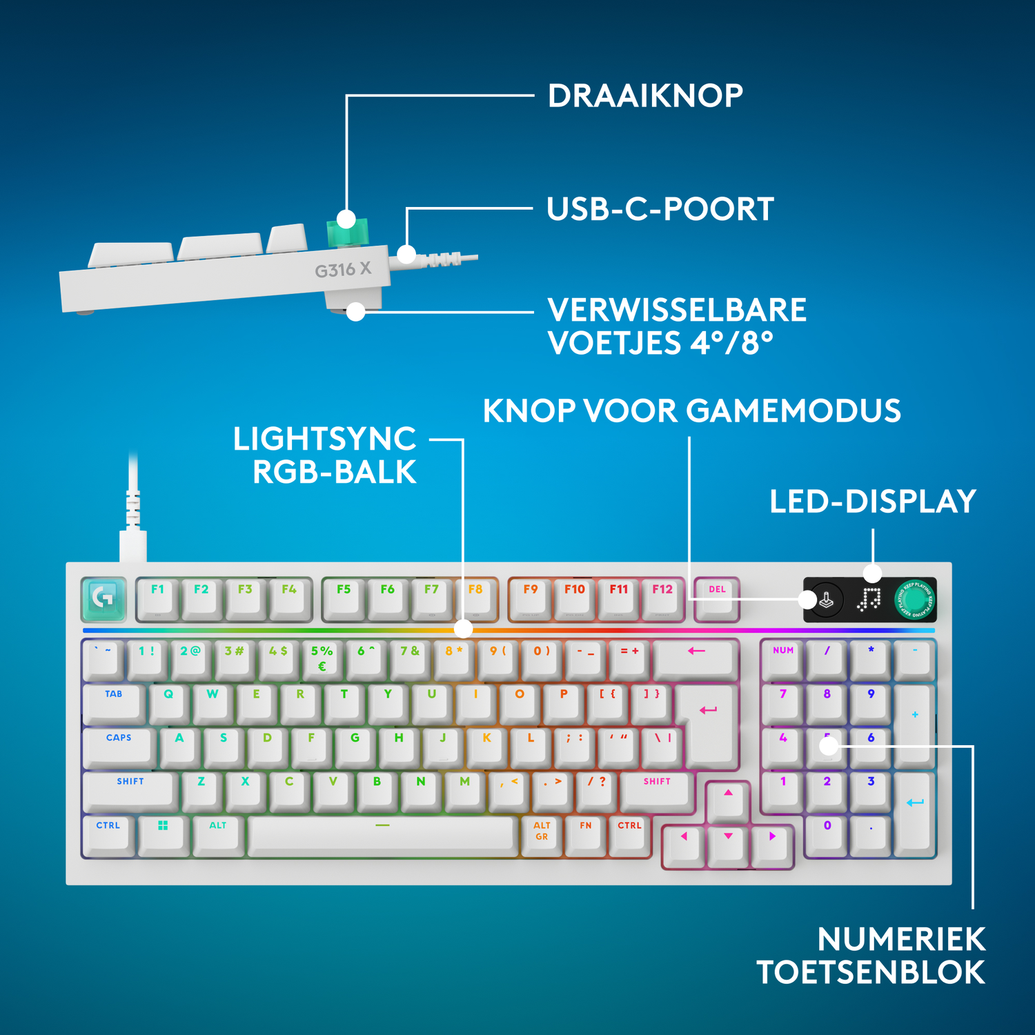 White gaming keyboard with RGB lighting and labeled keys.