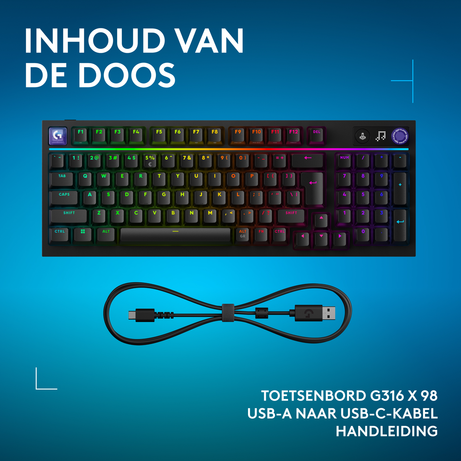Box contents: Keyboard, USB-A to USB-C cable, manual.