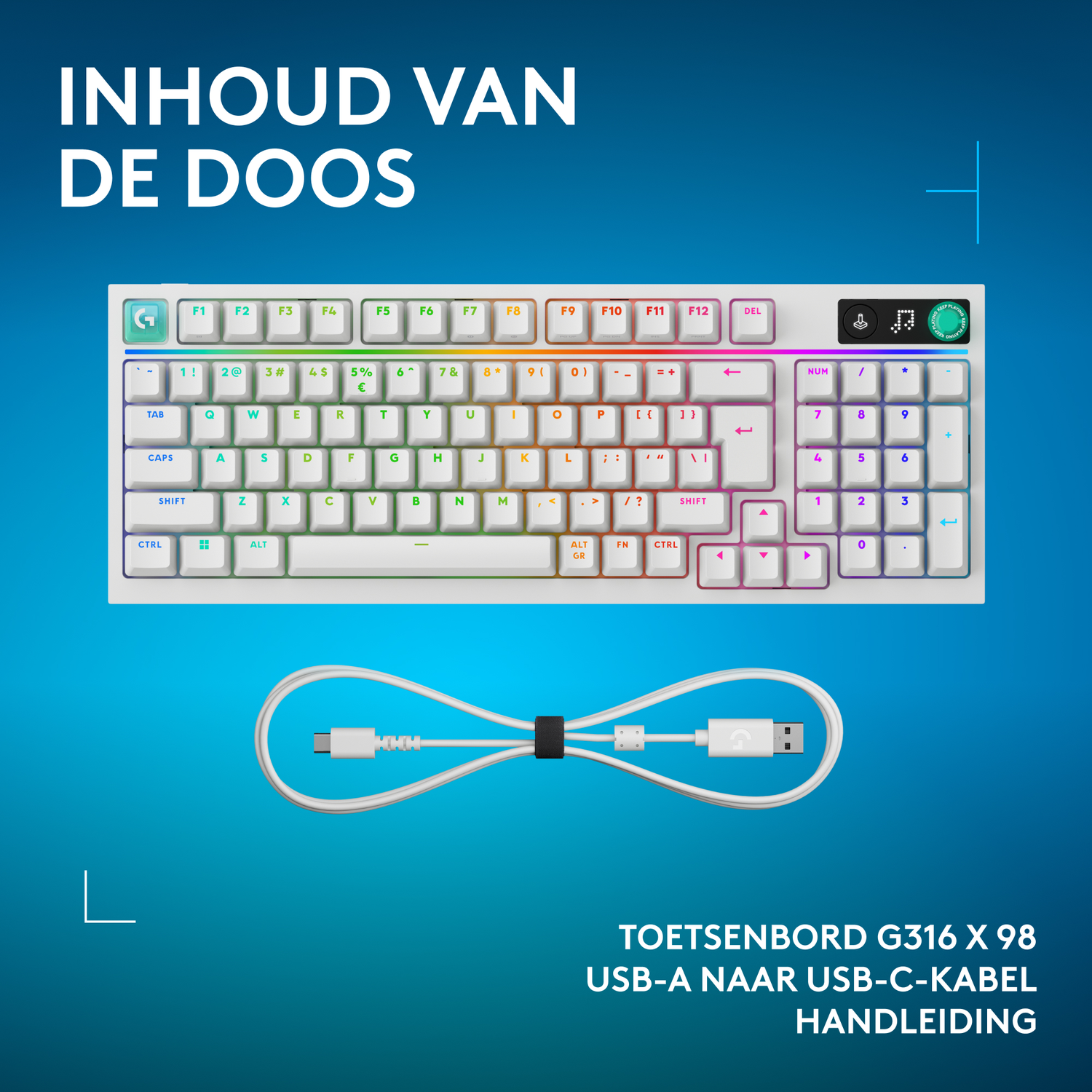 Box contents: White keyboard, USB-A to USB-C cable, and manual.