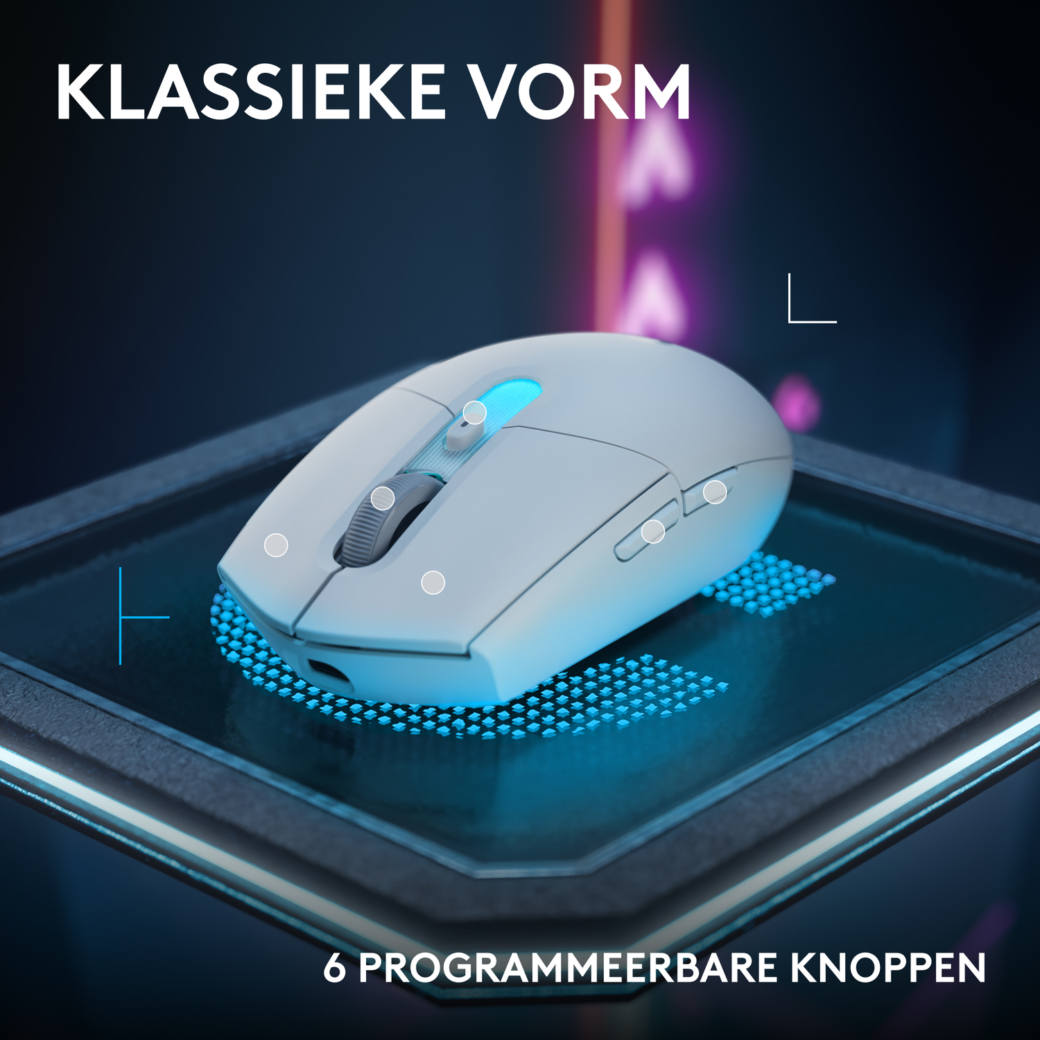 White mouse with illuminated scroll wheel on a dark stand with blue lights.