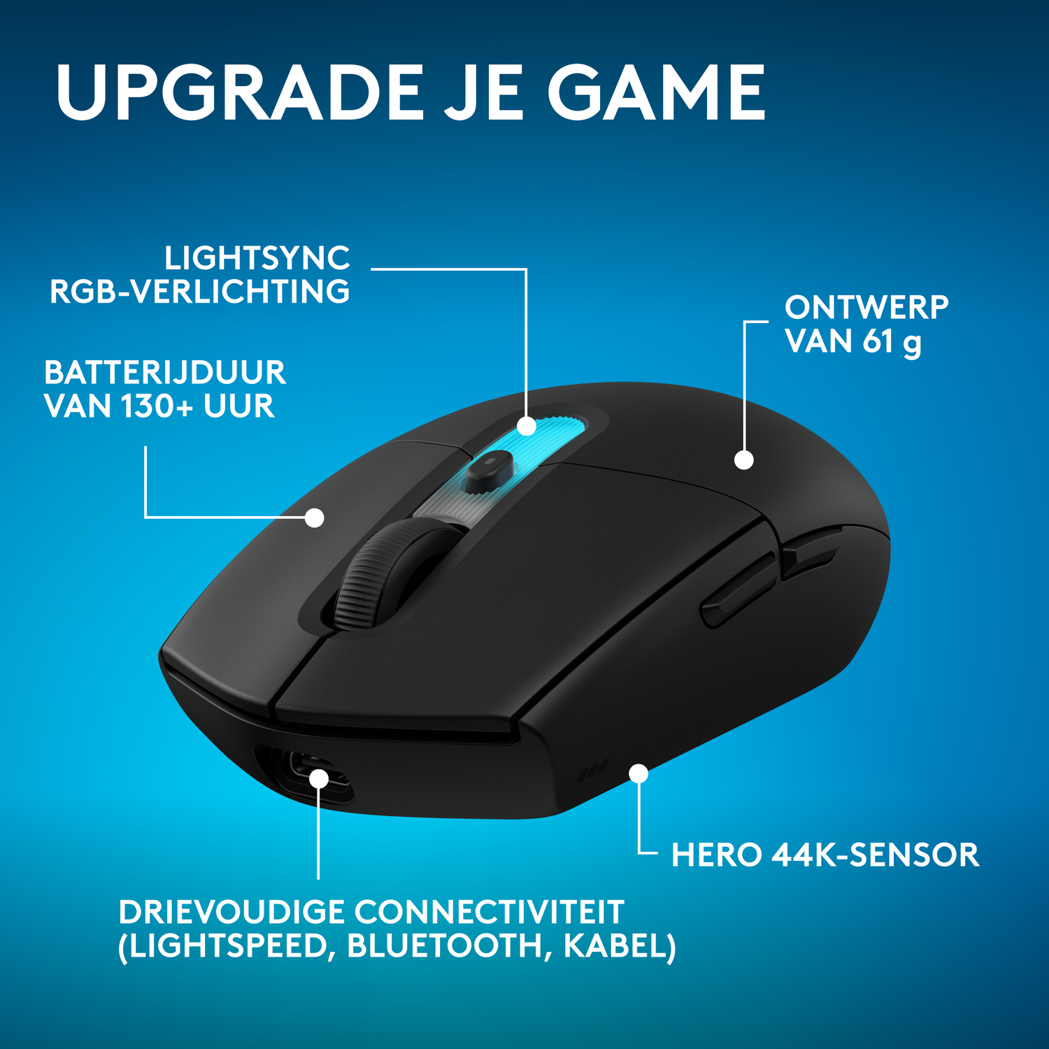 Zwarte gamingmuis met RGB-verlichting, 130+ uur batterij, 61g ontwerp, HERO sensor.