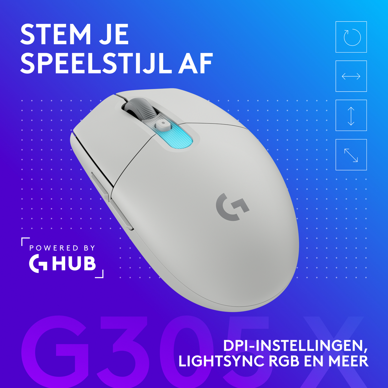 A white Logitech G mouse with blue lighting and logo.