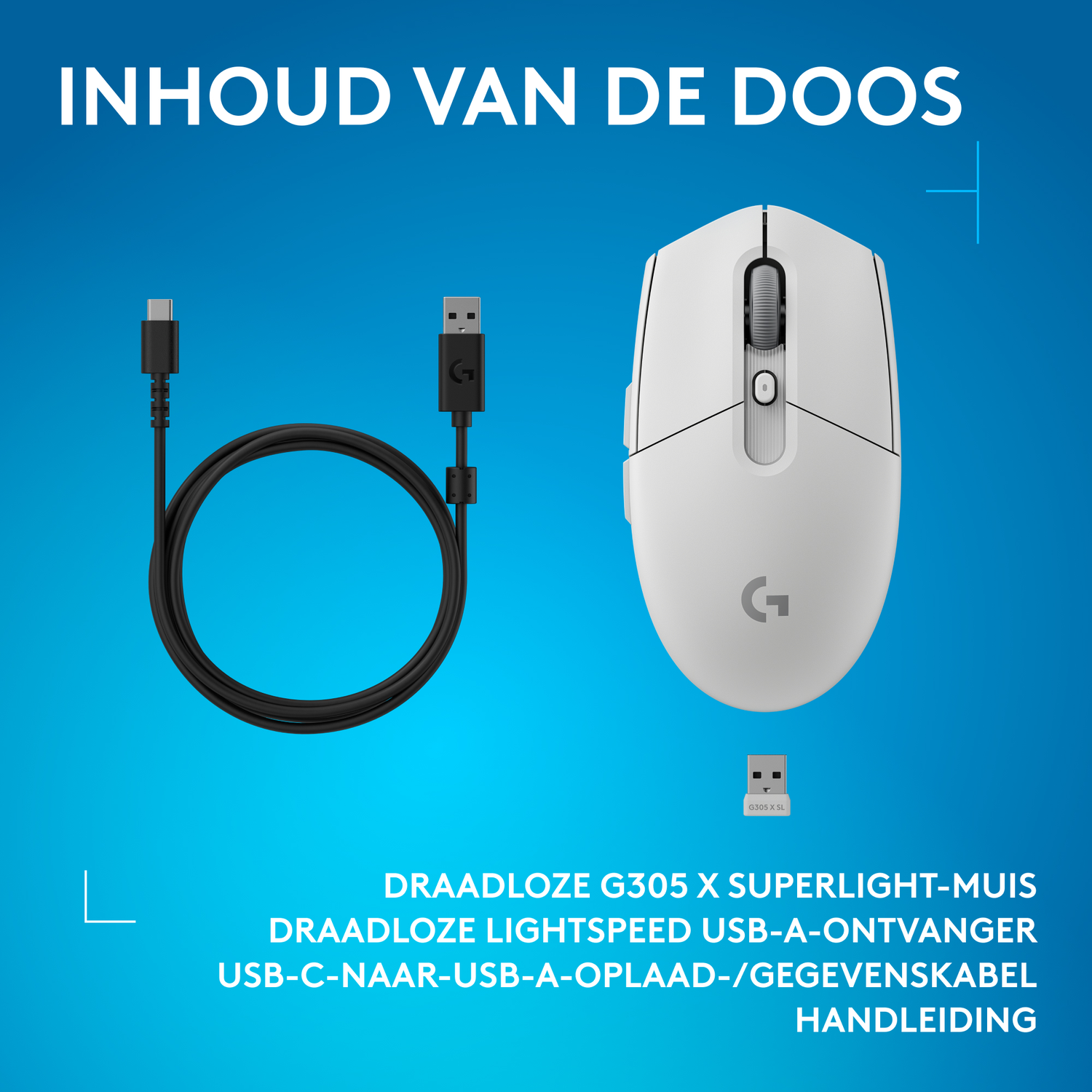 Box Contents: White Logitech mouse, black USB-C cable, USB receiver.