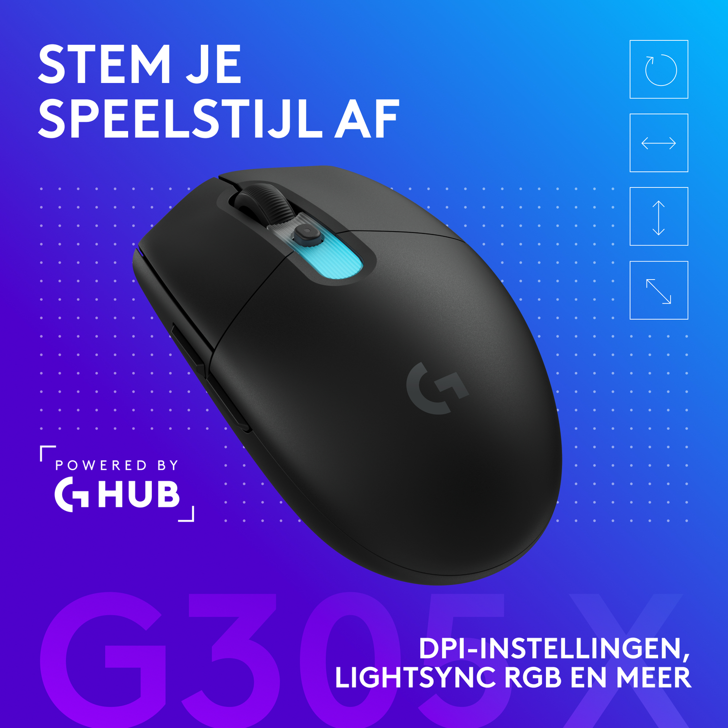 Zwarte Logitech G muis met blauw licht, tekst en iconen op blauw-paarse achtergrond.
