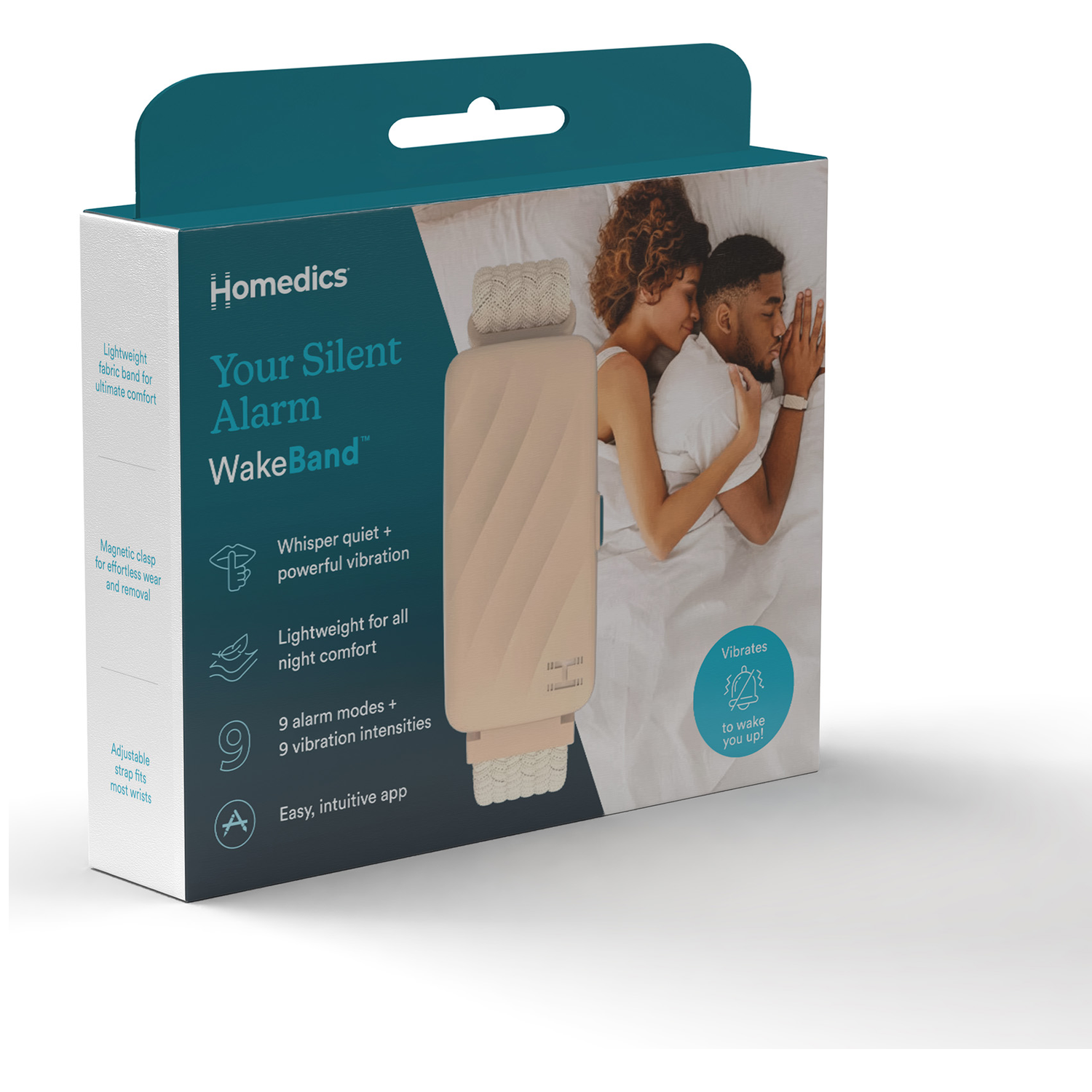 Homdics WakeBand box: sleeping couple, details product features. Lightweight fabric band.