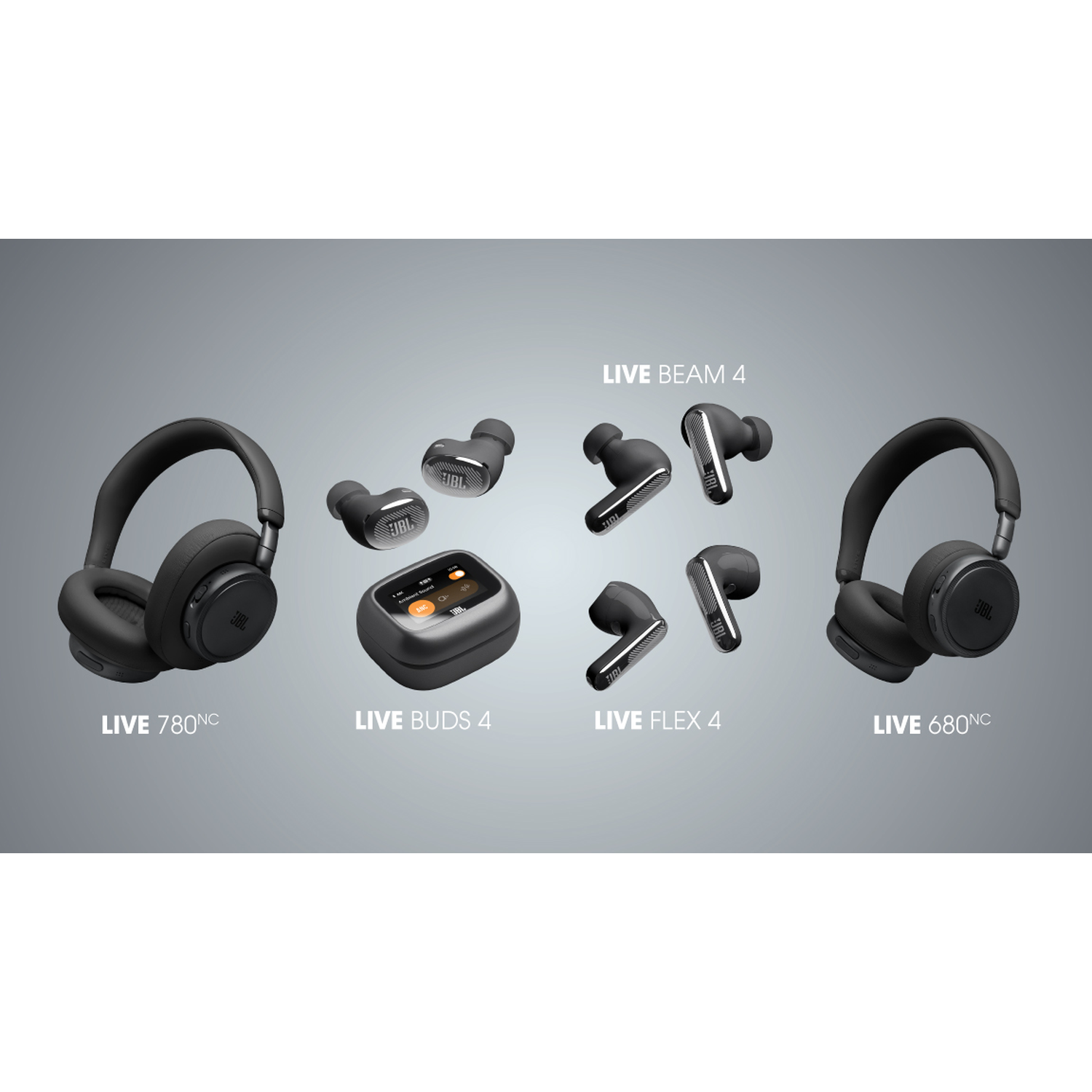 Black JBL headphones and earbuds displayed on a gray background.