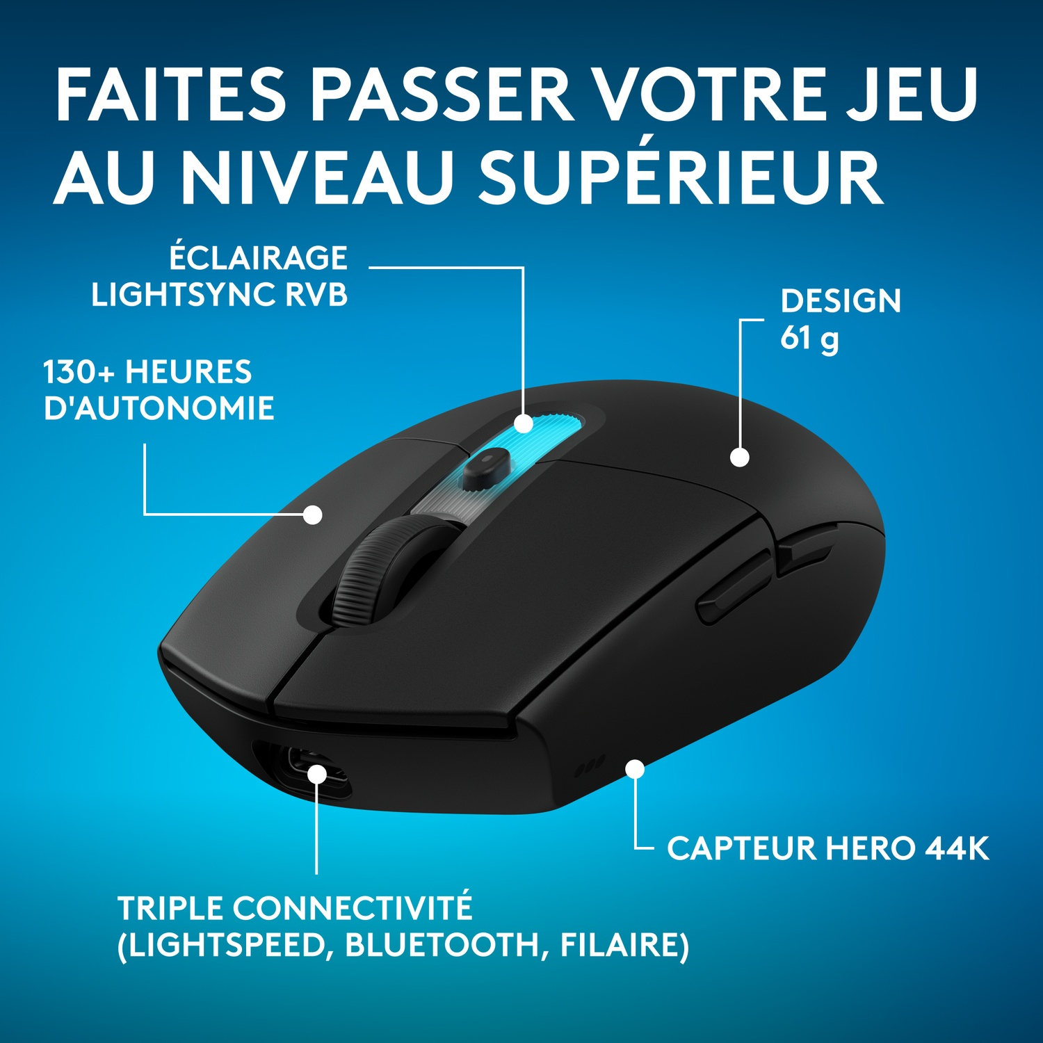 Souris gaming noire avec LIGHTSYNC RGB, 130h batterie, 61g, capteur HERO 44K.